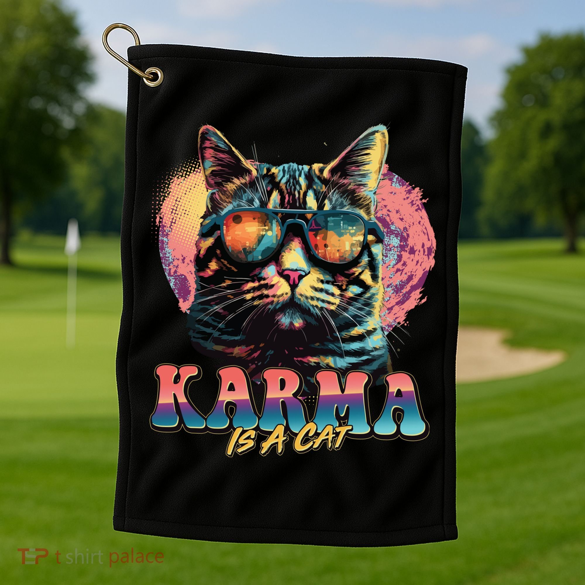 Retro Karma Is A Cat Golf Towel