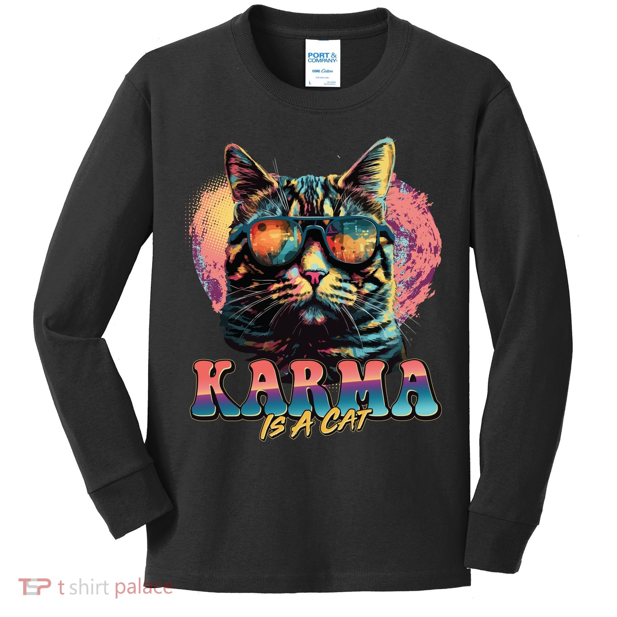 Retro Karma Is A Cat Kids Long Sleeve Shirt