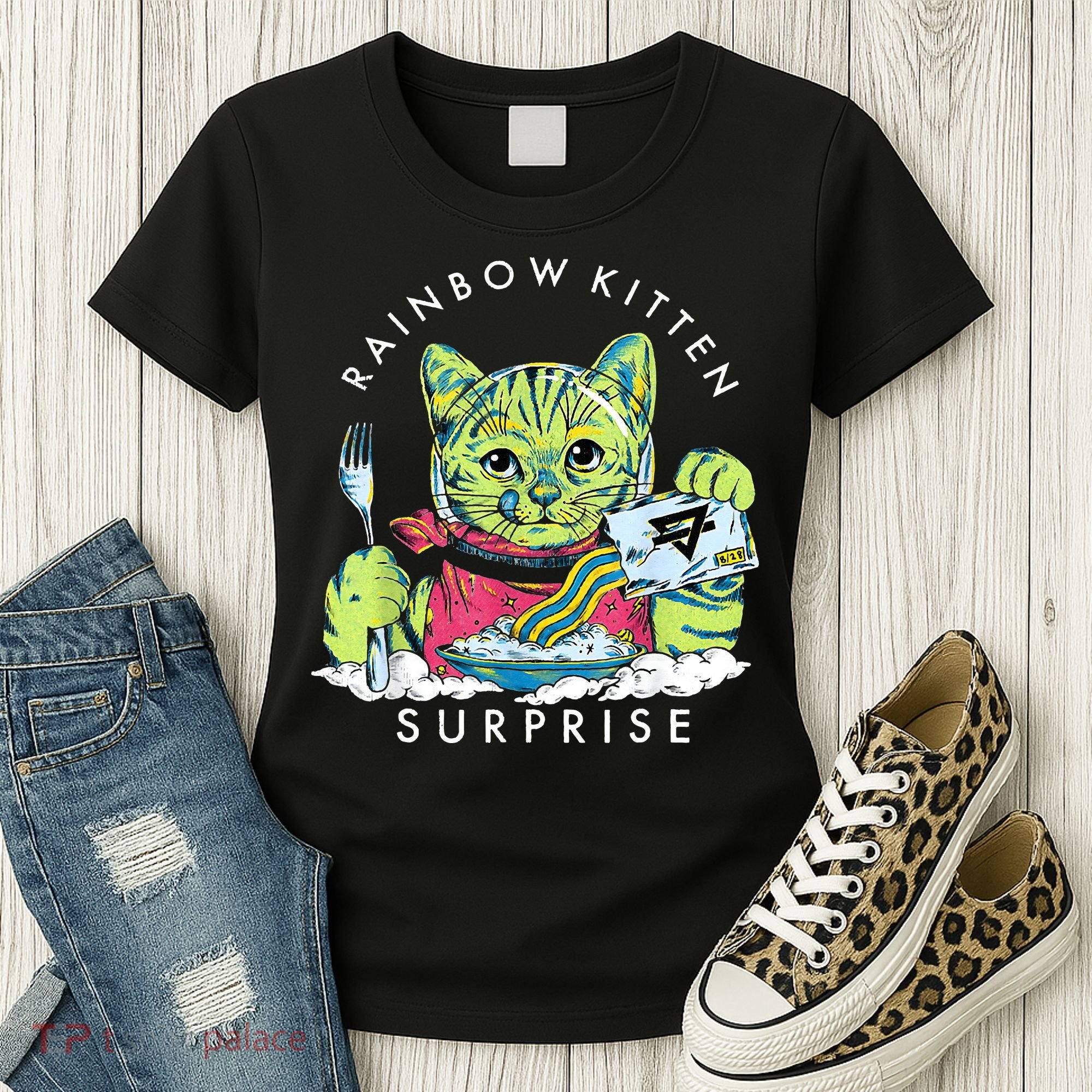 Rainbow Kitten Surprise Cute Eat Retro Animals Women's T-Shirt