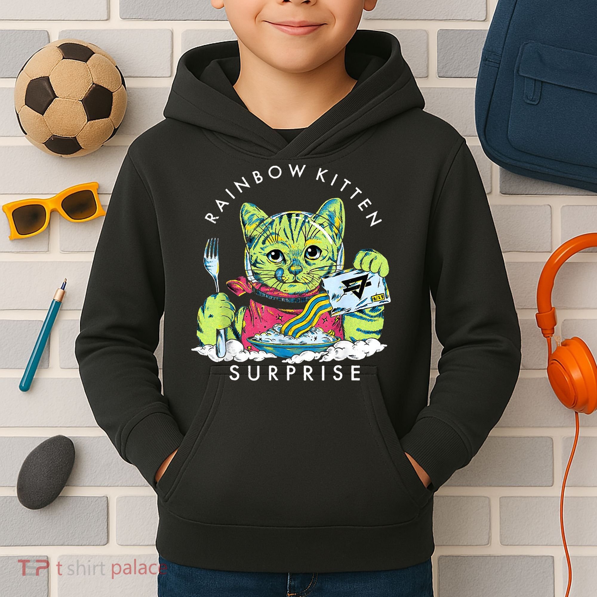 Rainbow Kitten Surprise Cute Eat Retro Animals Kids Hoodie