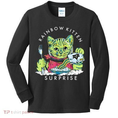 Rainbow Kitten Surprise Cute Eat Retro Animals Kids Long Sleeve Shirt