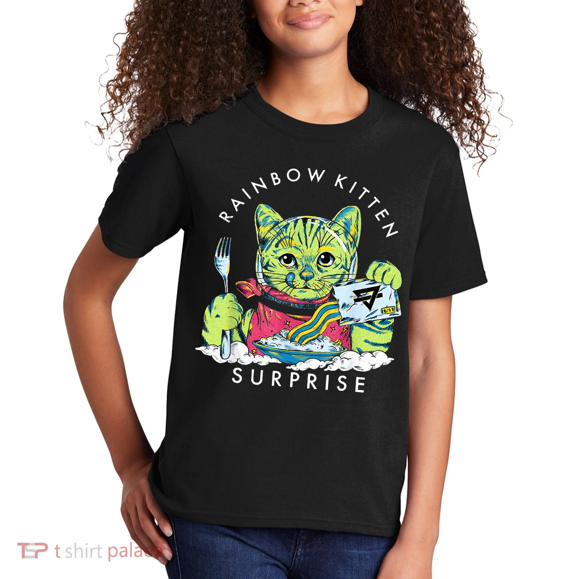 Rainbow Kitten Surprise Cute Eat Retro Animals Kids T-Shirt
