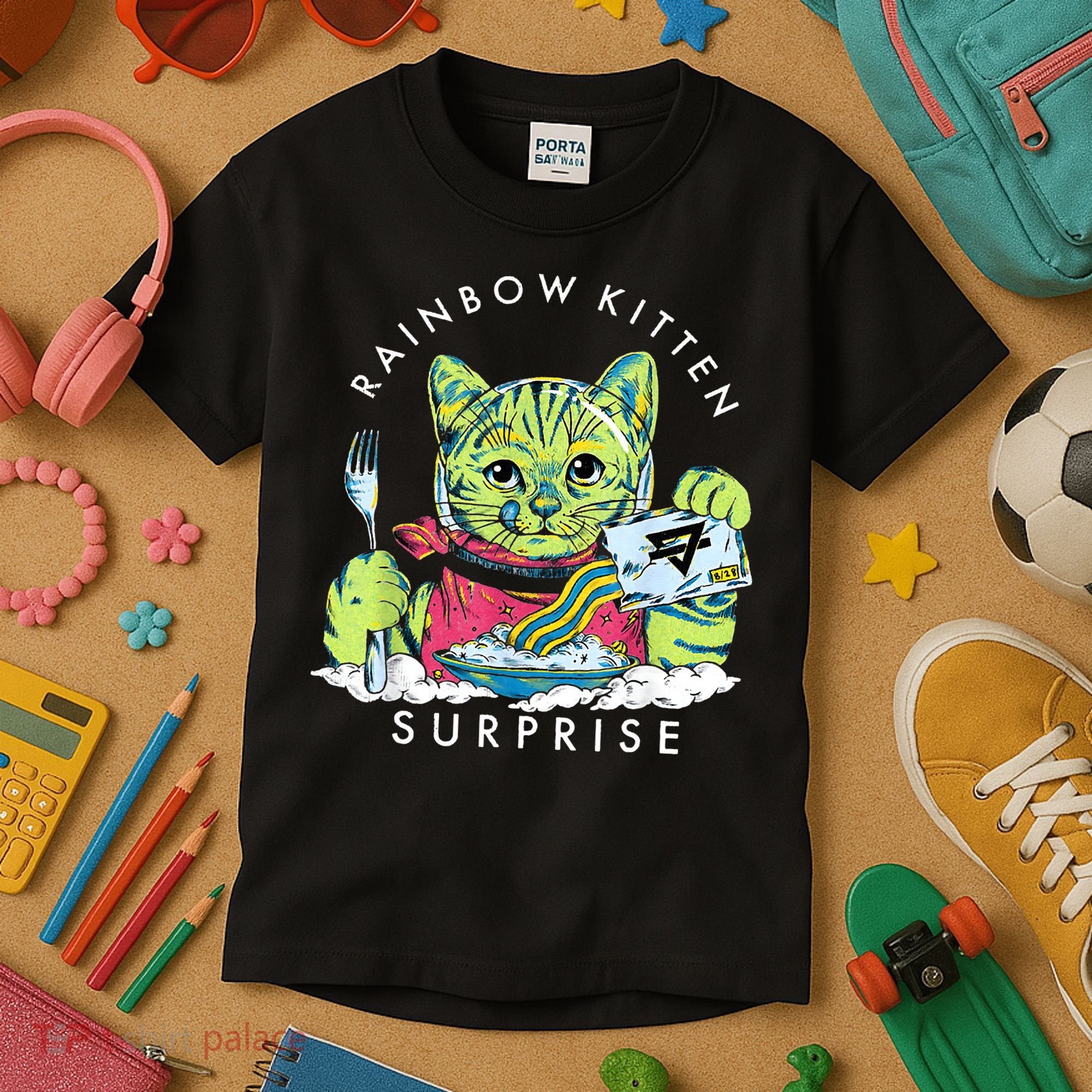 Rainbow Kitten Surprise Cute Eat Retro Animals Kids T-Shirt