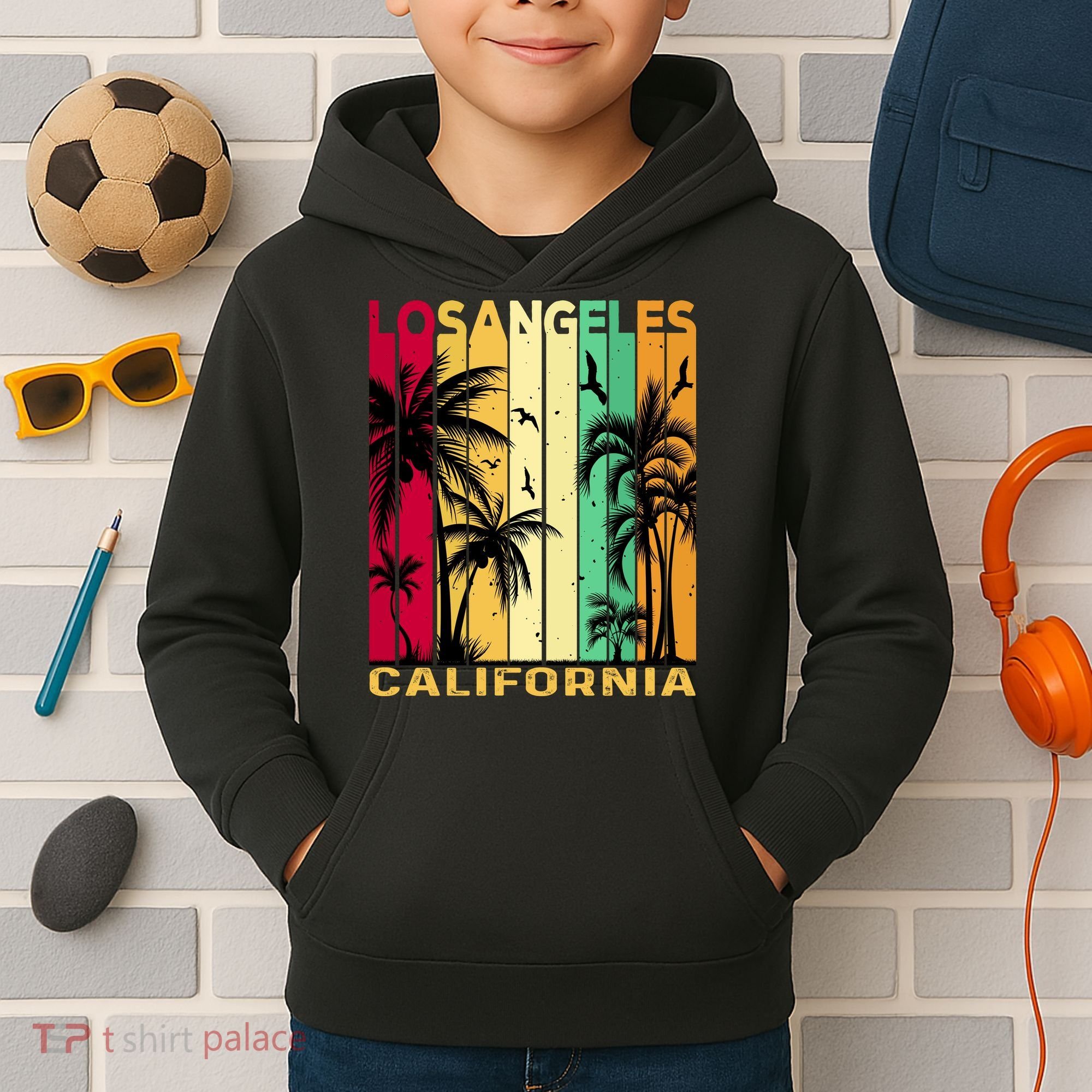Retro Los Angeles California Palm Tree Stripes Kids Hoodie
