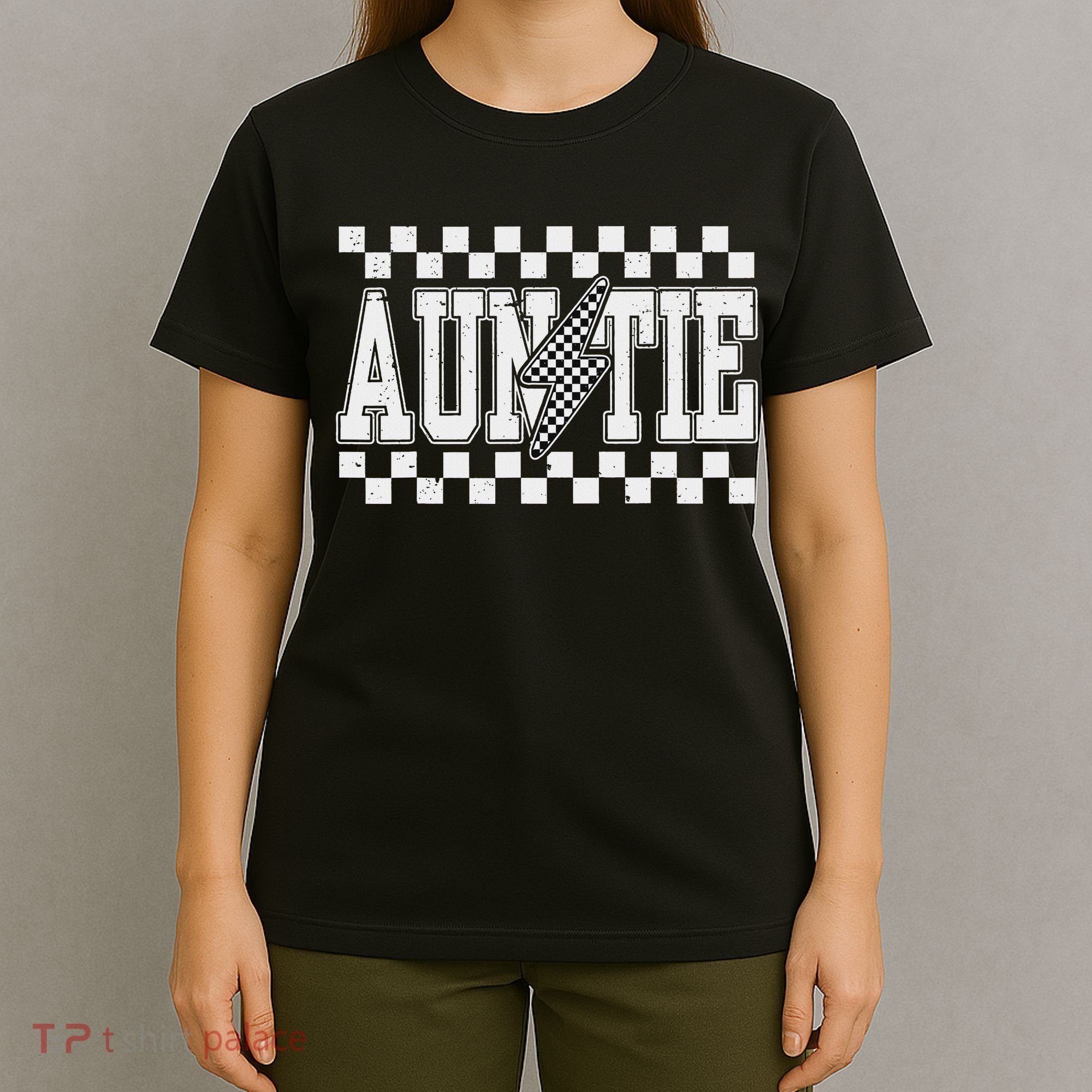 Retro Lightning Auntie Checkered Funny Auntie For Women T-Shirt