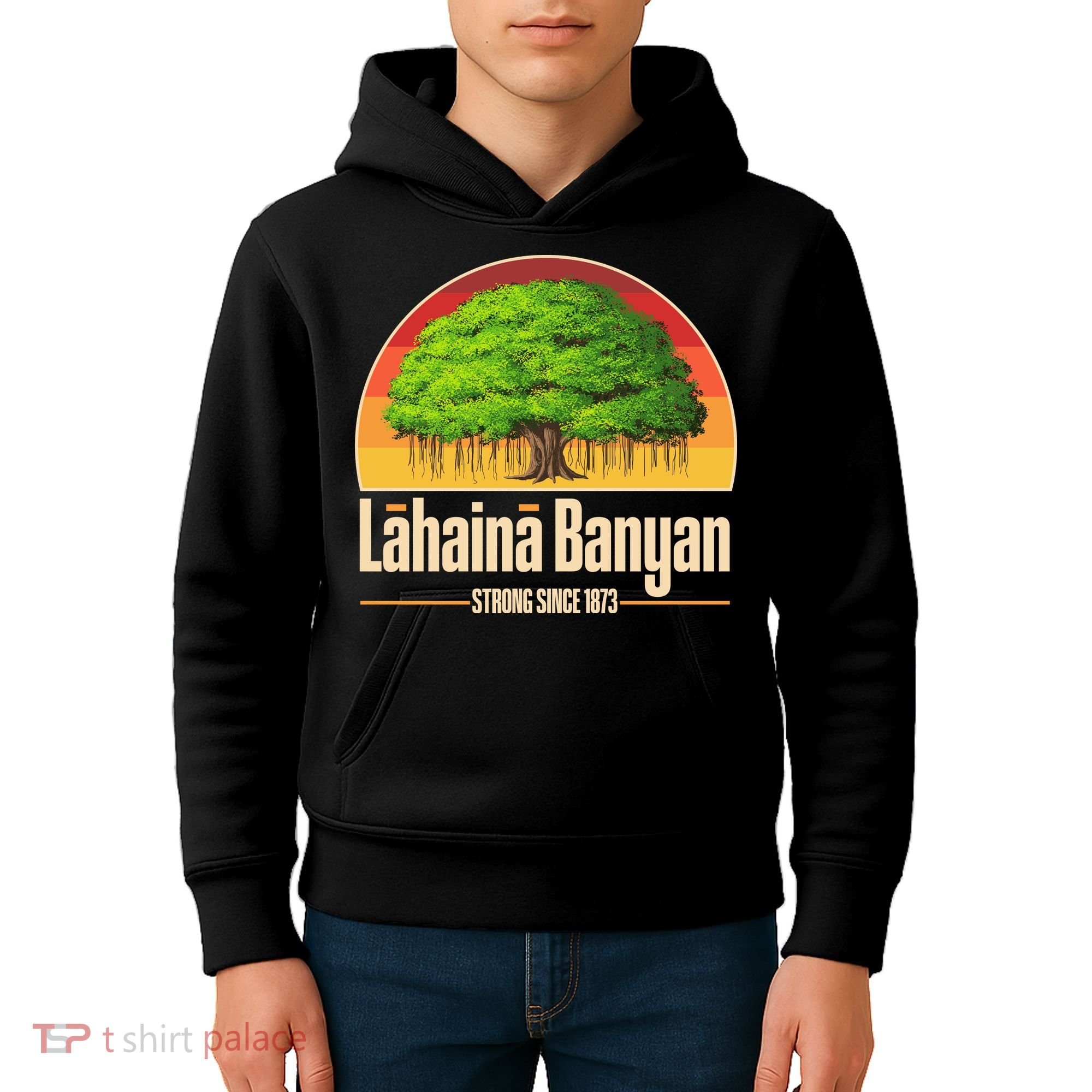 Retro Lahaina Banyan Tree Strong Since 1873 Support Maui Hawaii Kids Hoodie