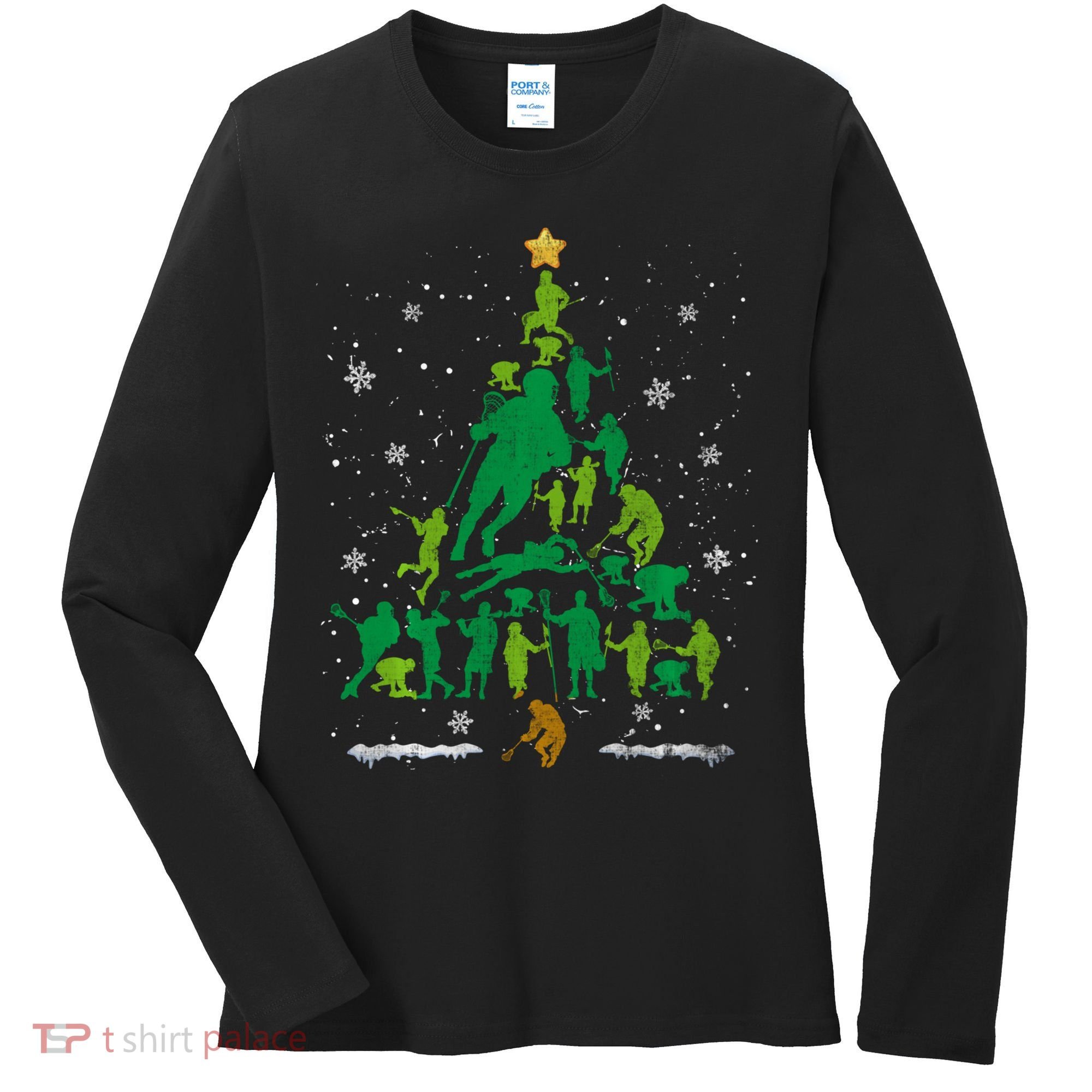 Retro Lacrosse Christmas Tree Xmas Lacrosse Player Lover Women's Long Sleeve Shirt