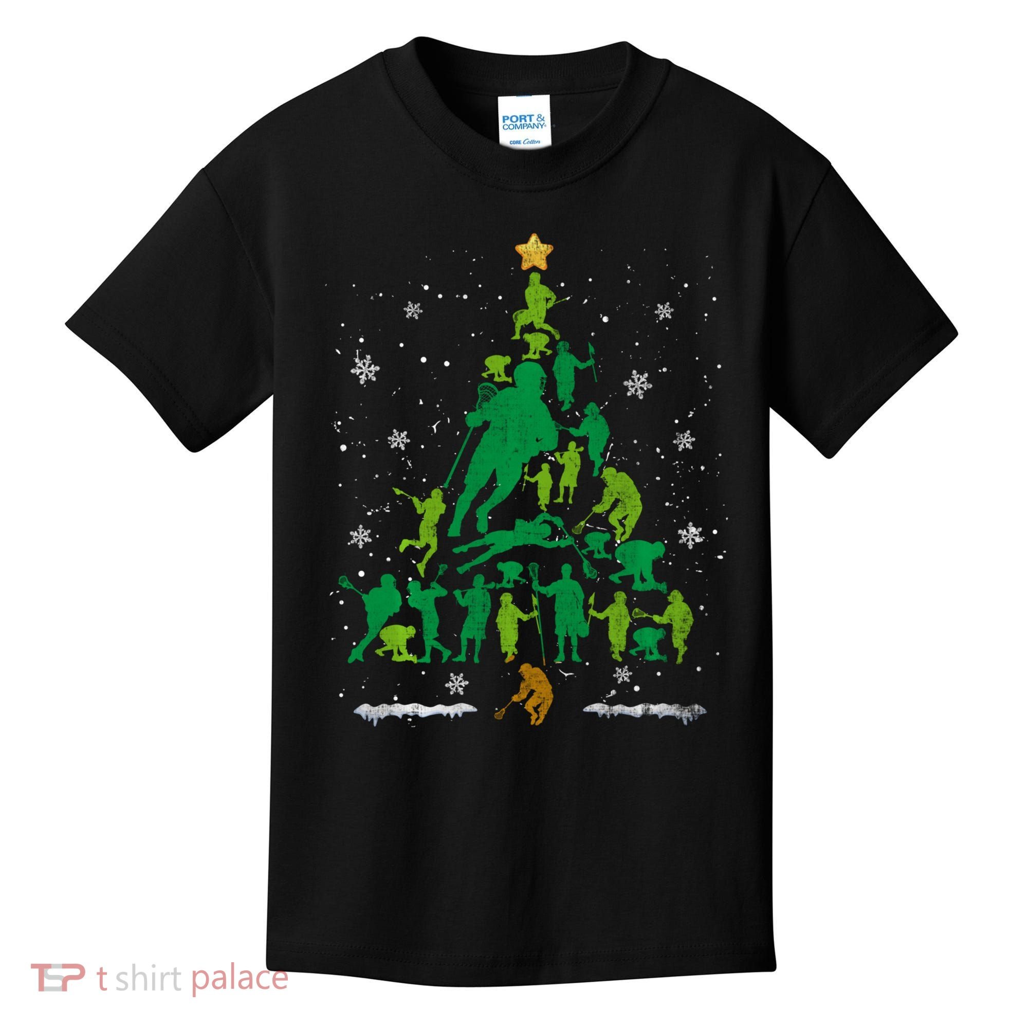 Retro Lacrosse Christmas Tree Xmas Lacrosse Player Lover Kids T-Shirt