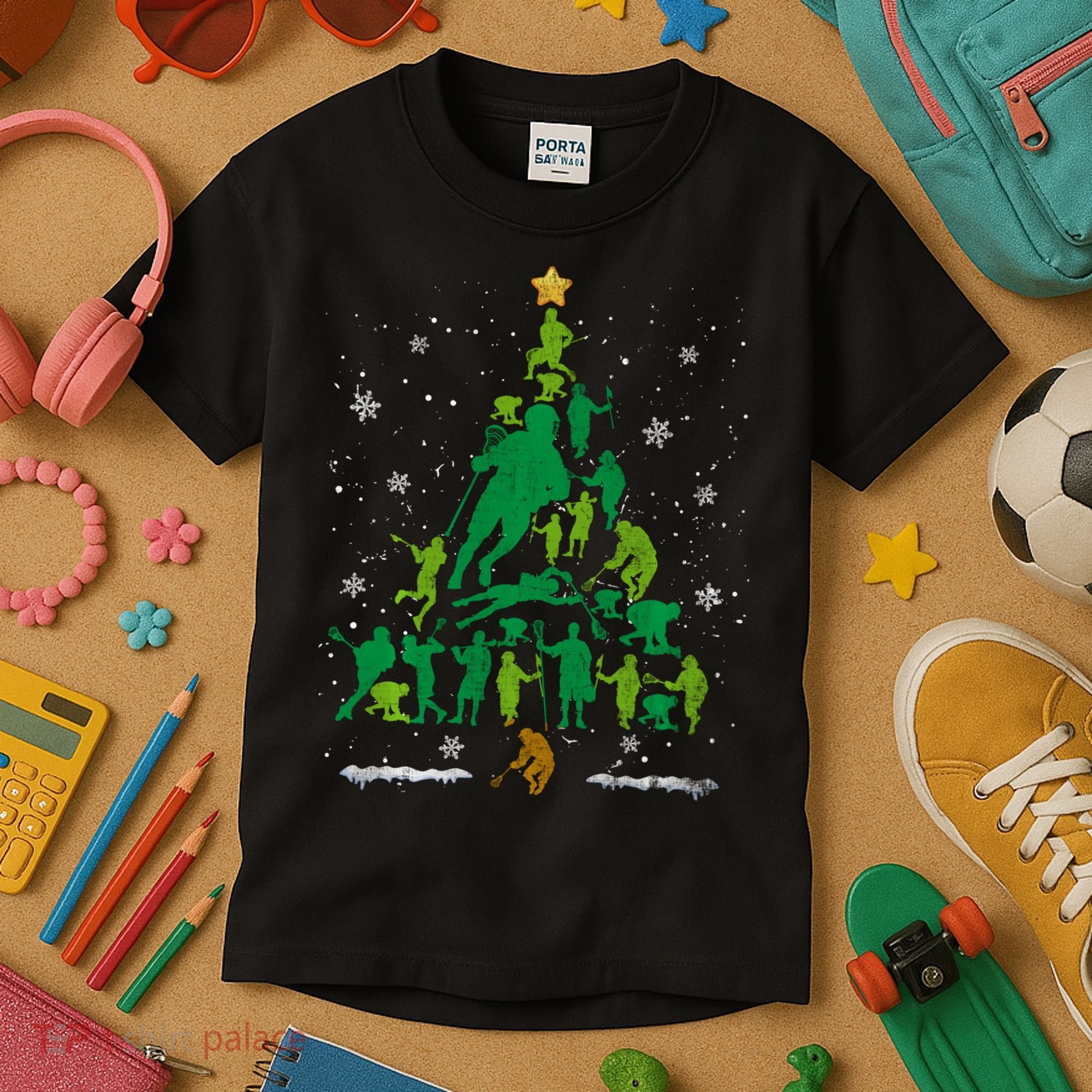 Retro Lacrosse Christmas Tree Xmas Lacrosse Player Lover Kids T-Shirt