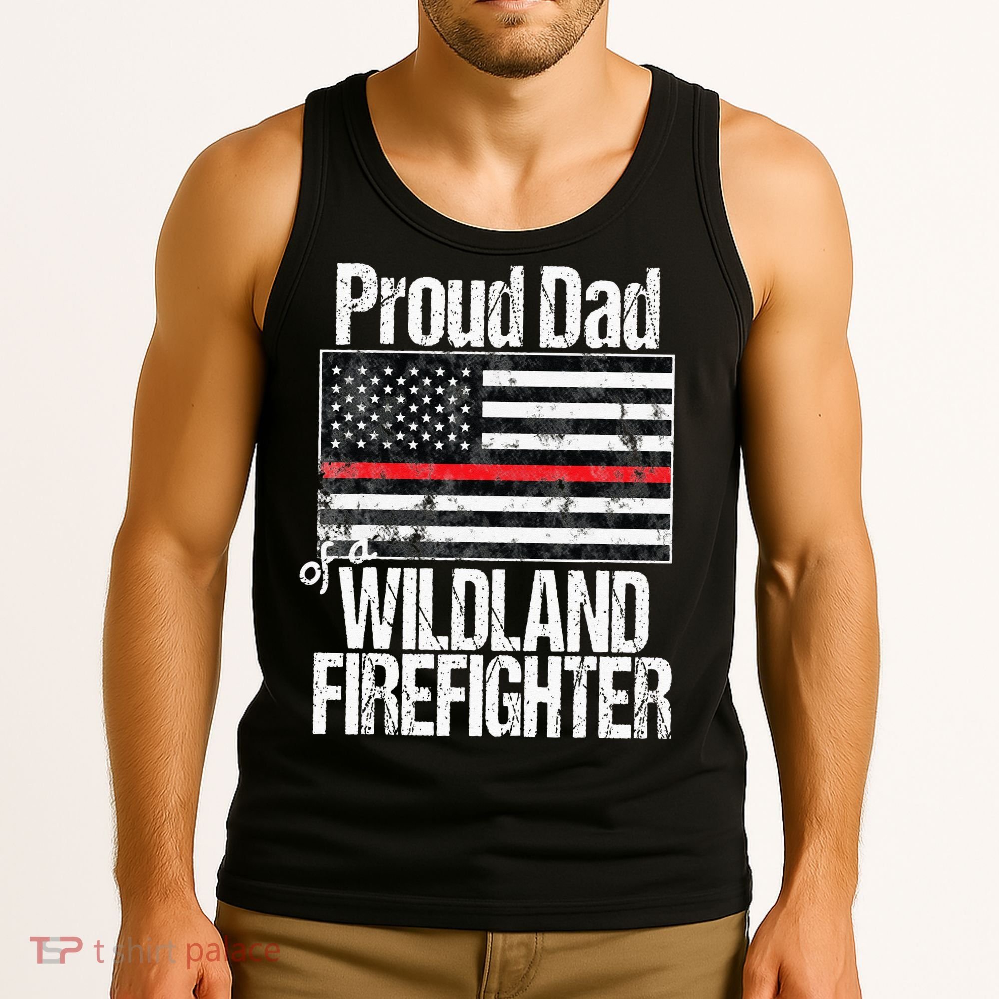 Red Line Flag Proud Dad of a Wildland Firefighter Tank Top
