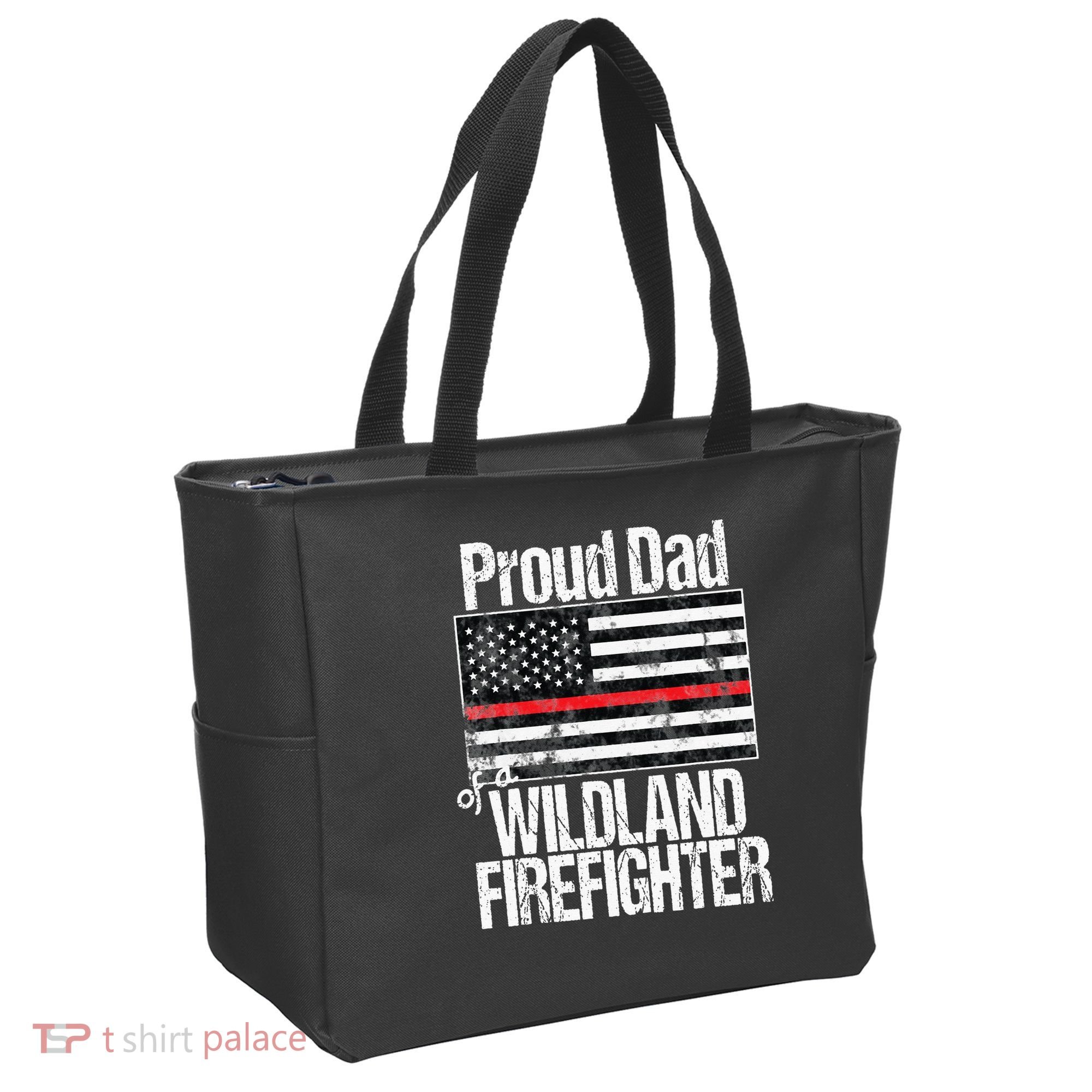 Red Line Flag Proud Dad of a Wildland Firefighter Tote Bag