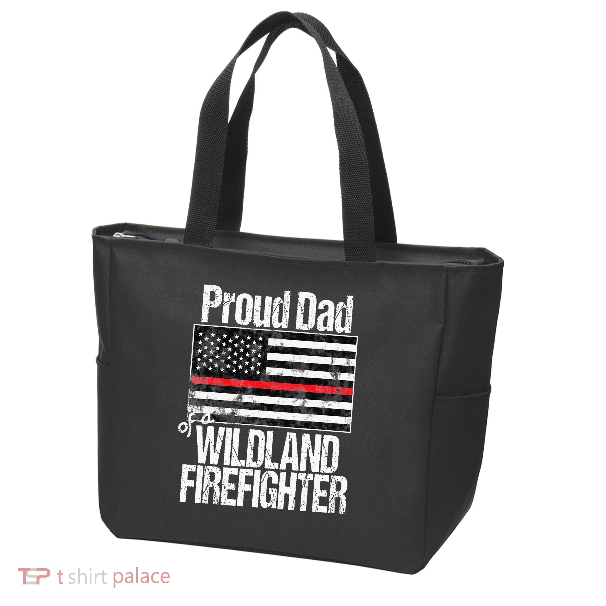 Red Line Flag Proud Dad of a Wildland Firefighter Tote Bag