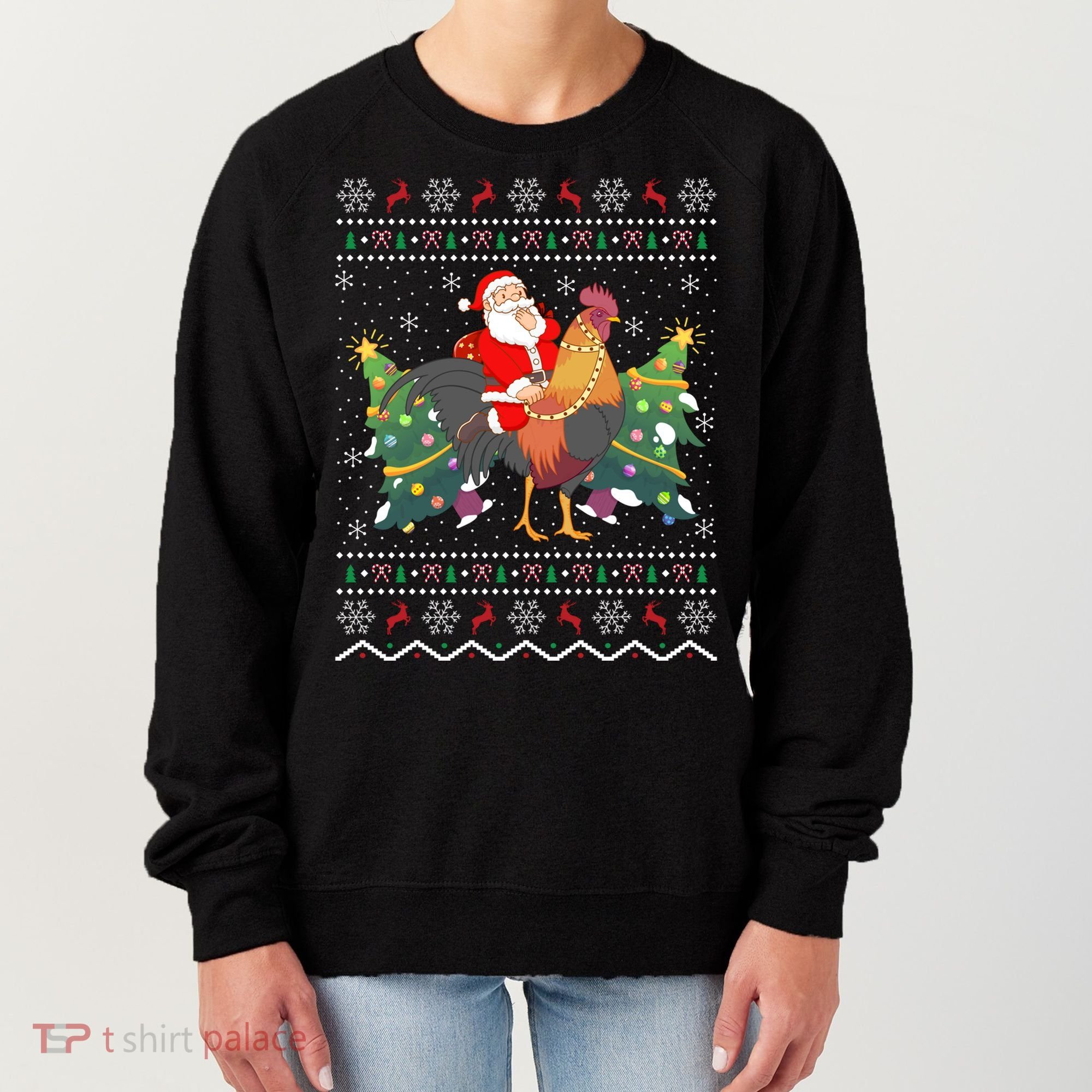 Rooster Lover Gift Ugly Santa Riding Rooster Christmas Gift Women's Sweatshirt