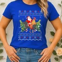 Rooster Lover Gift Ugly Santa Riding Rooster Christmas Gift Women's T-Shirt thumb 2