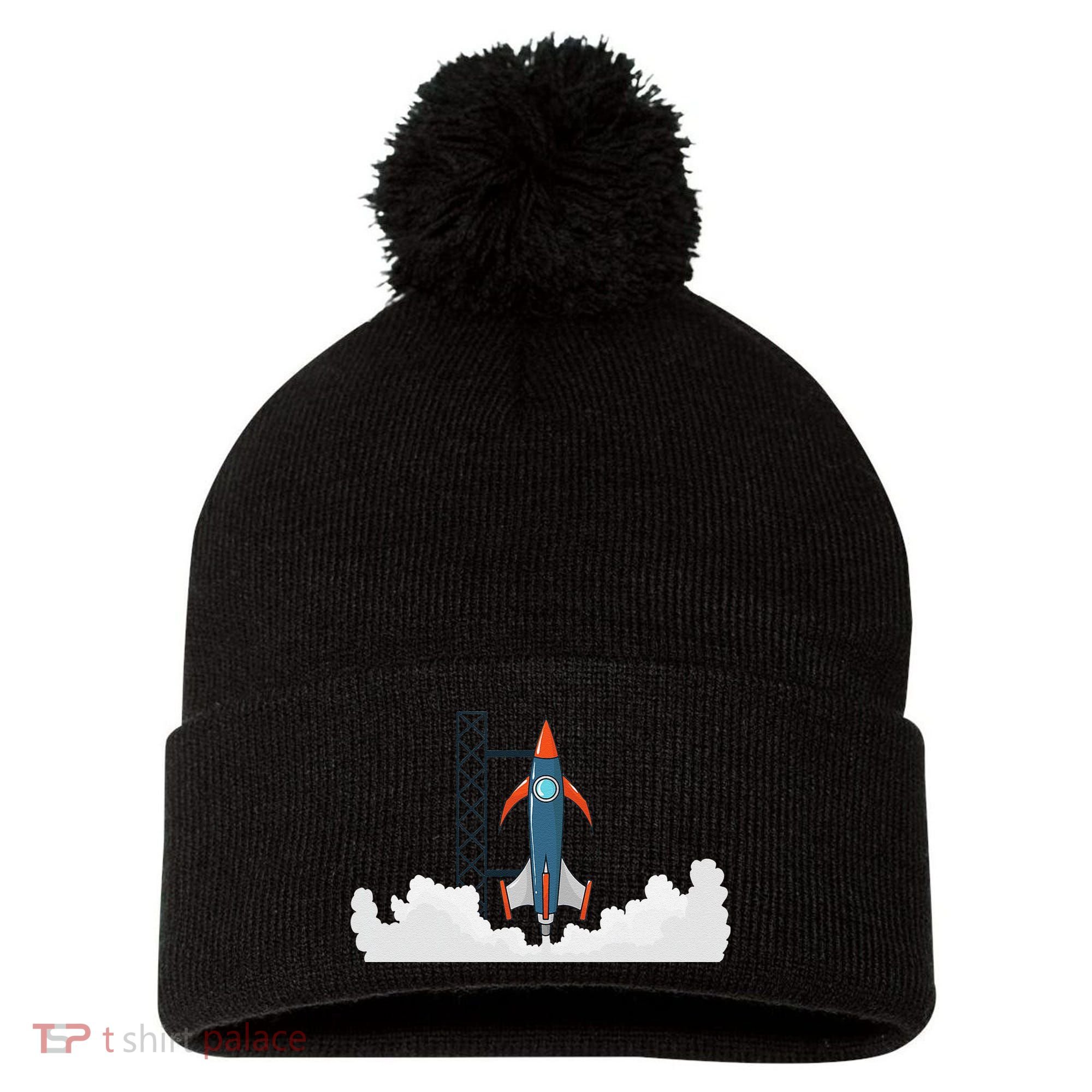 Rocket Launch Into Space Pom Pom 12in Knit Beanie