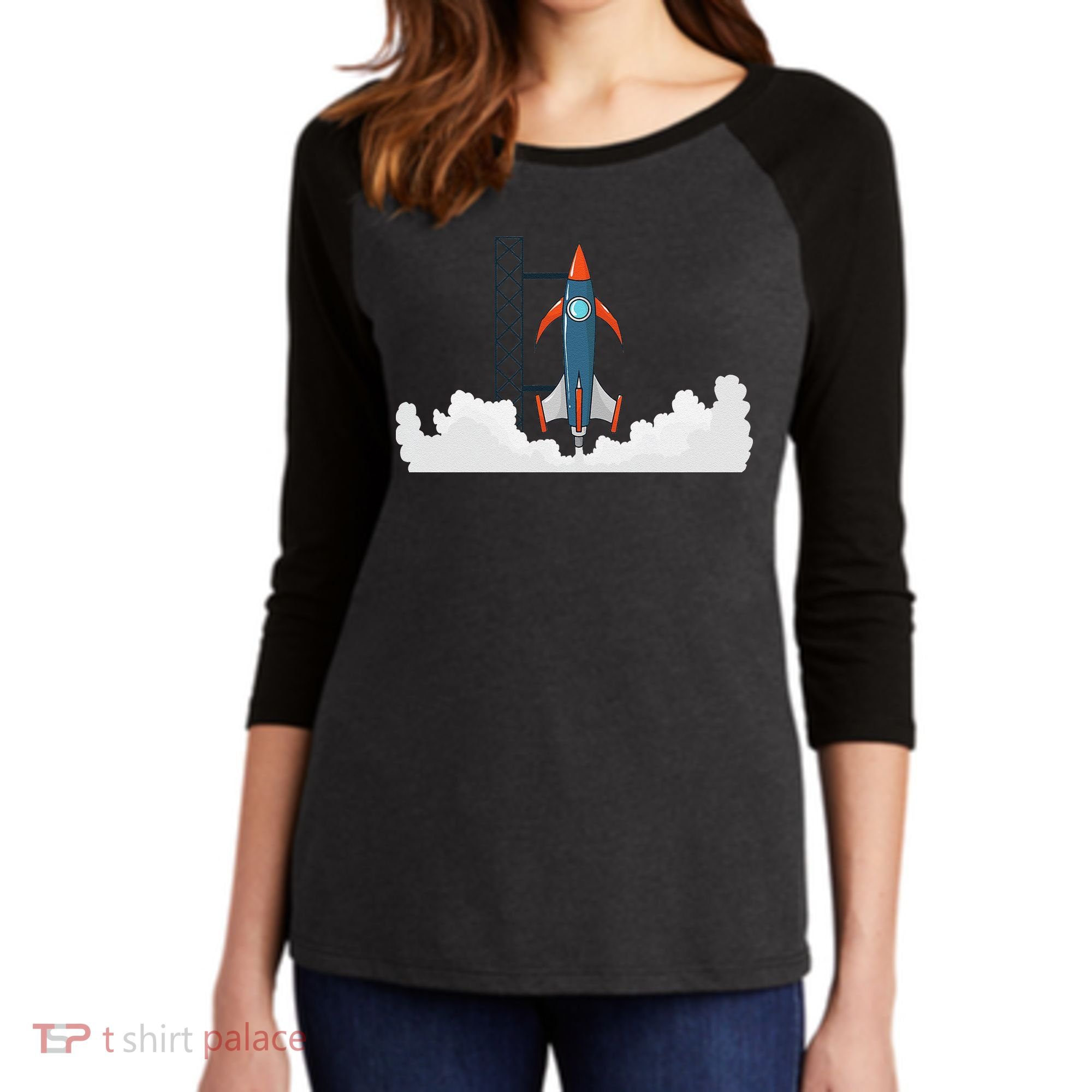 Rocket Launch Into Space Women's Tri-Blend 3/4-Sleeve Raglan Shirt