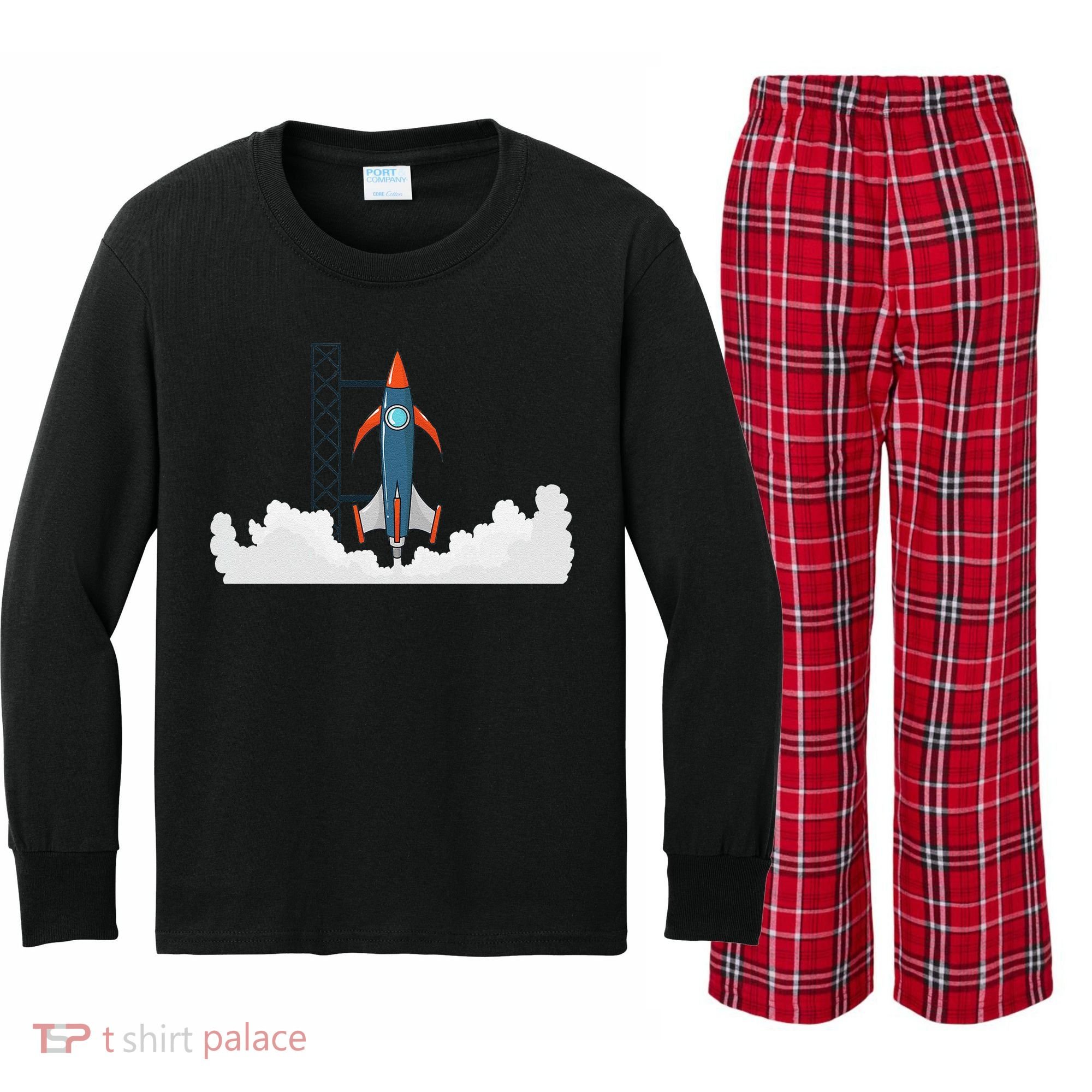 Rocket Launch Into Space Kids Long Sleeve Plaid Pajama Set