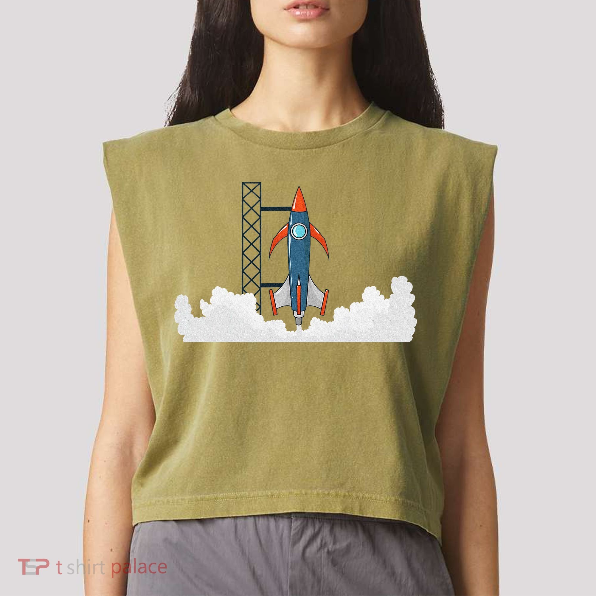Rocket Launch Into Space Garment-Dyed Women's Muscle Tee