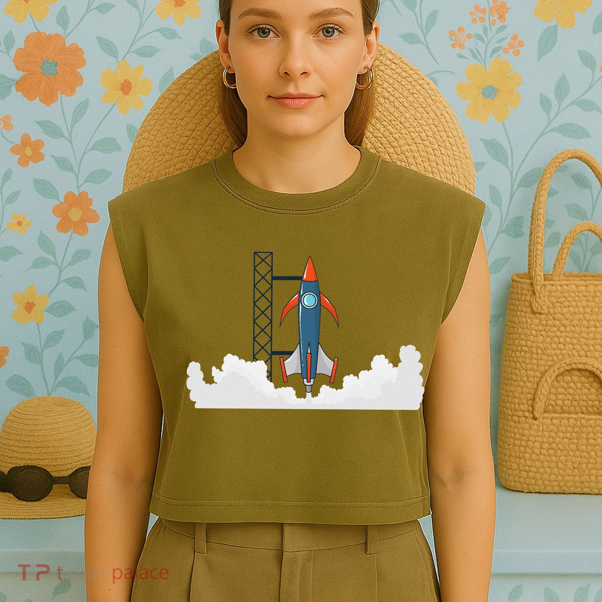 Rocket Launch Into Space Garment-Dyed Women's Muscle Tee