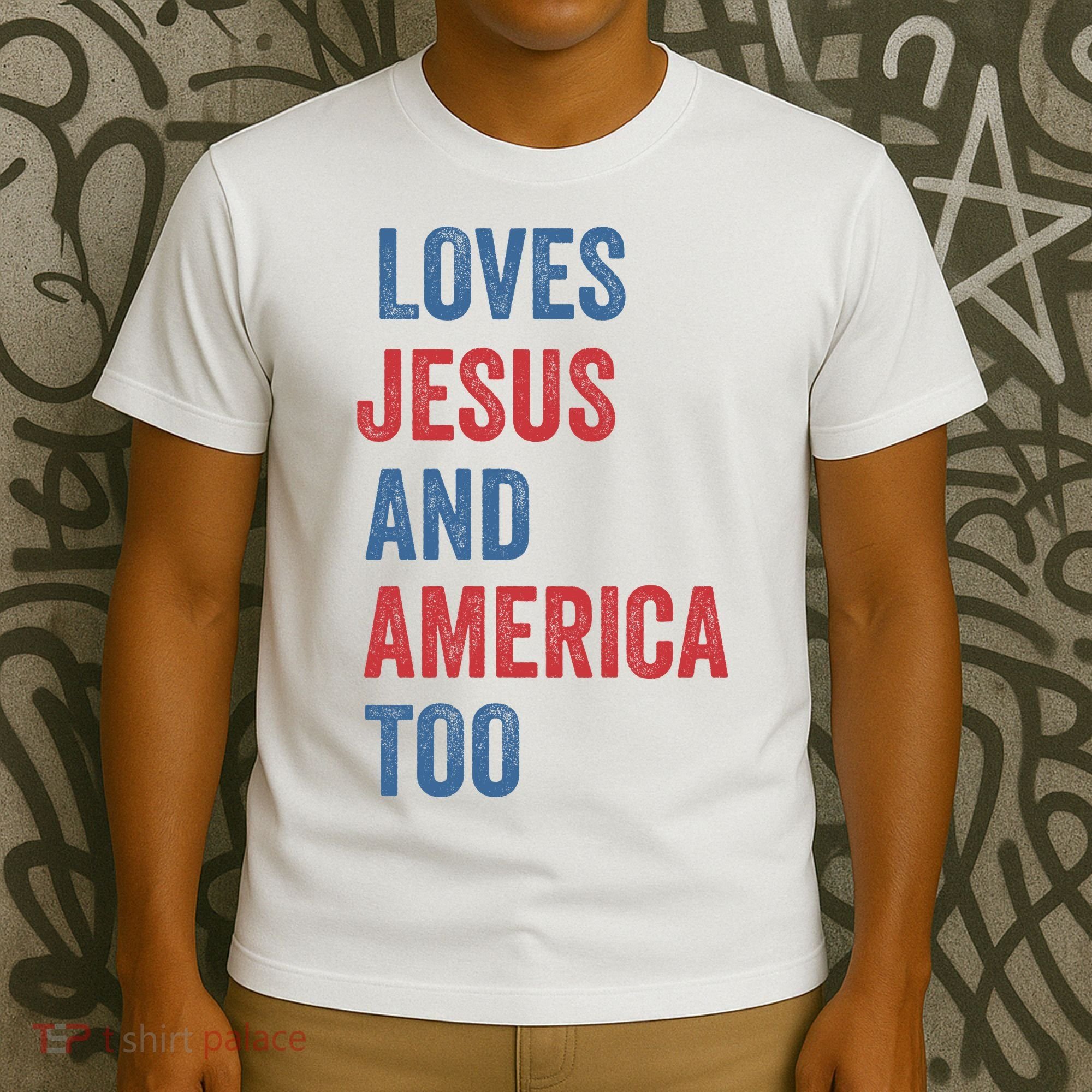 Retro Loves Jesus And America Too God Christian 4th Of July T-Shirt