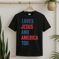 Retro Loves Jesus And America Too God Christian 4th Of July T-Shirt thumb 2