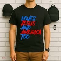 Retro Loves Jesus And America Too God Christian 4th Of July T-Shirt thumb 6
