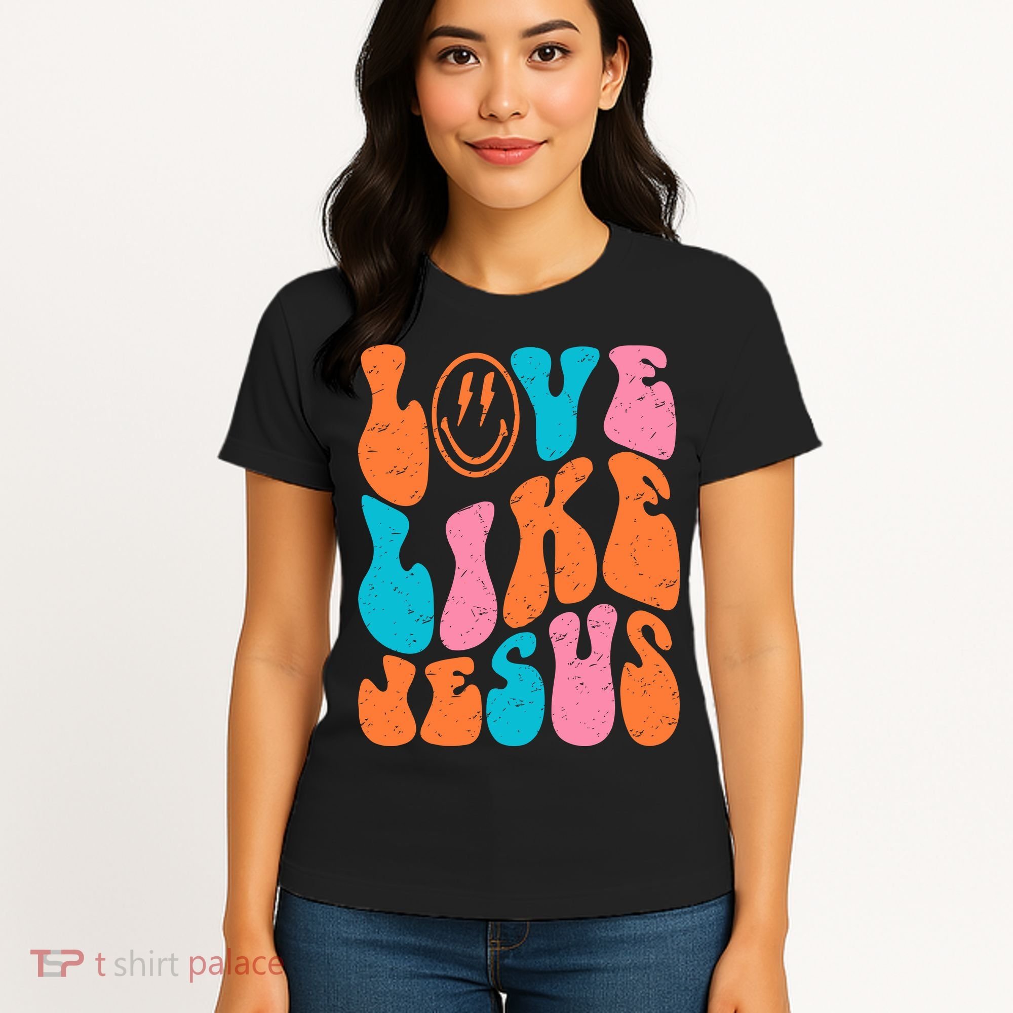 Retro Love Like Jesus Smiling Face Christian Religious Faith Women's T-Shirt