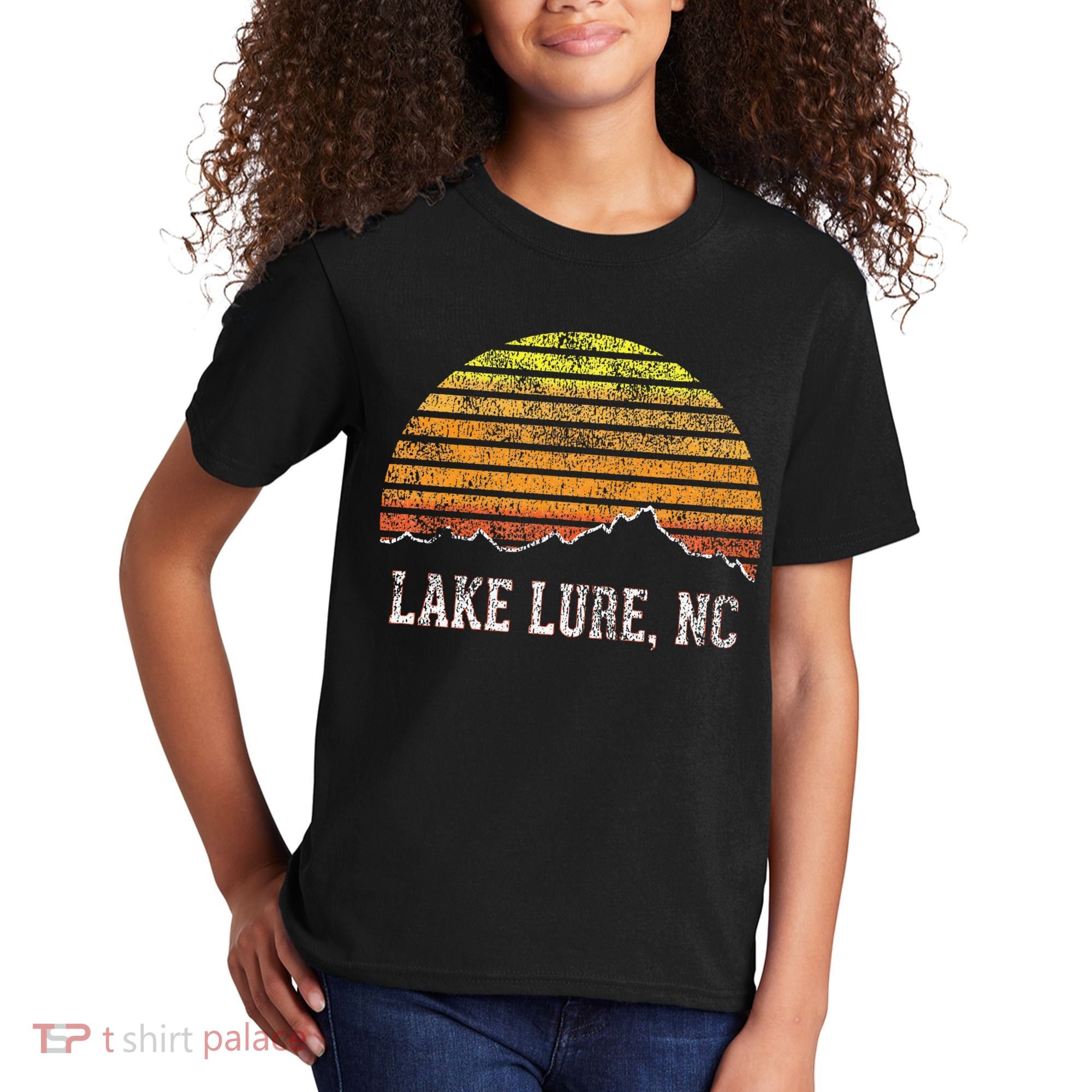 Retro Lake Lure North Carolina Mountain Sunset Kids T-Shirt