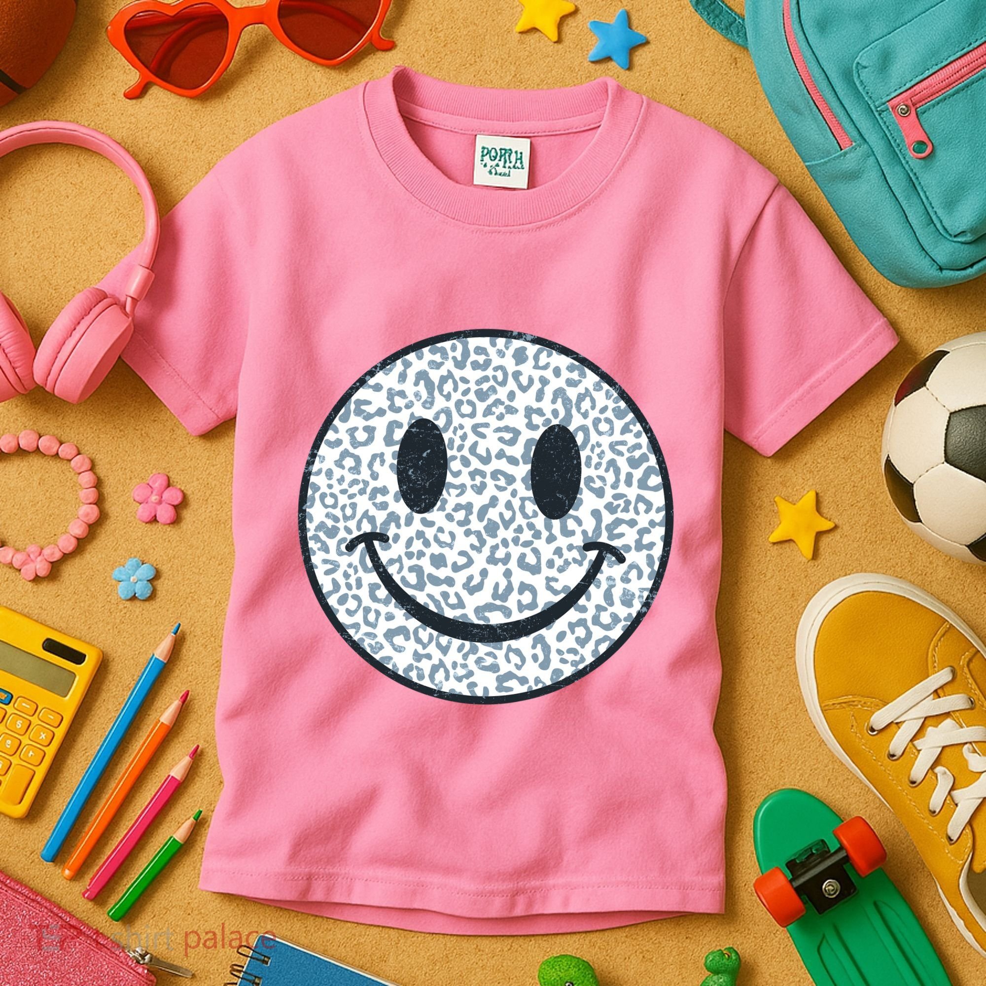 Retro Leopard Print Emoji Smiley Kids T-Shirt