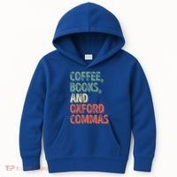 Reading Lover Reader Gift Coffee Books And Oxford Commas Cool Gift Kids Hoodie thumb 0