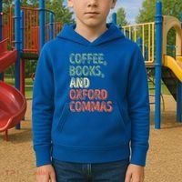 Reading Lover Reader Gift Coffee Books And Oxford Commas Cool Gift Kids Hoodie thumb 2