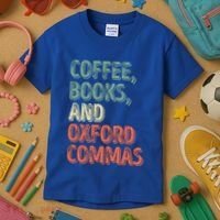 Reading Lover Reader Gift Coffee Books And Oxford Commas Cool Gift Kids T-Shirt thumb 3