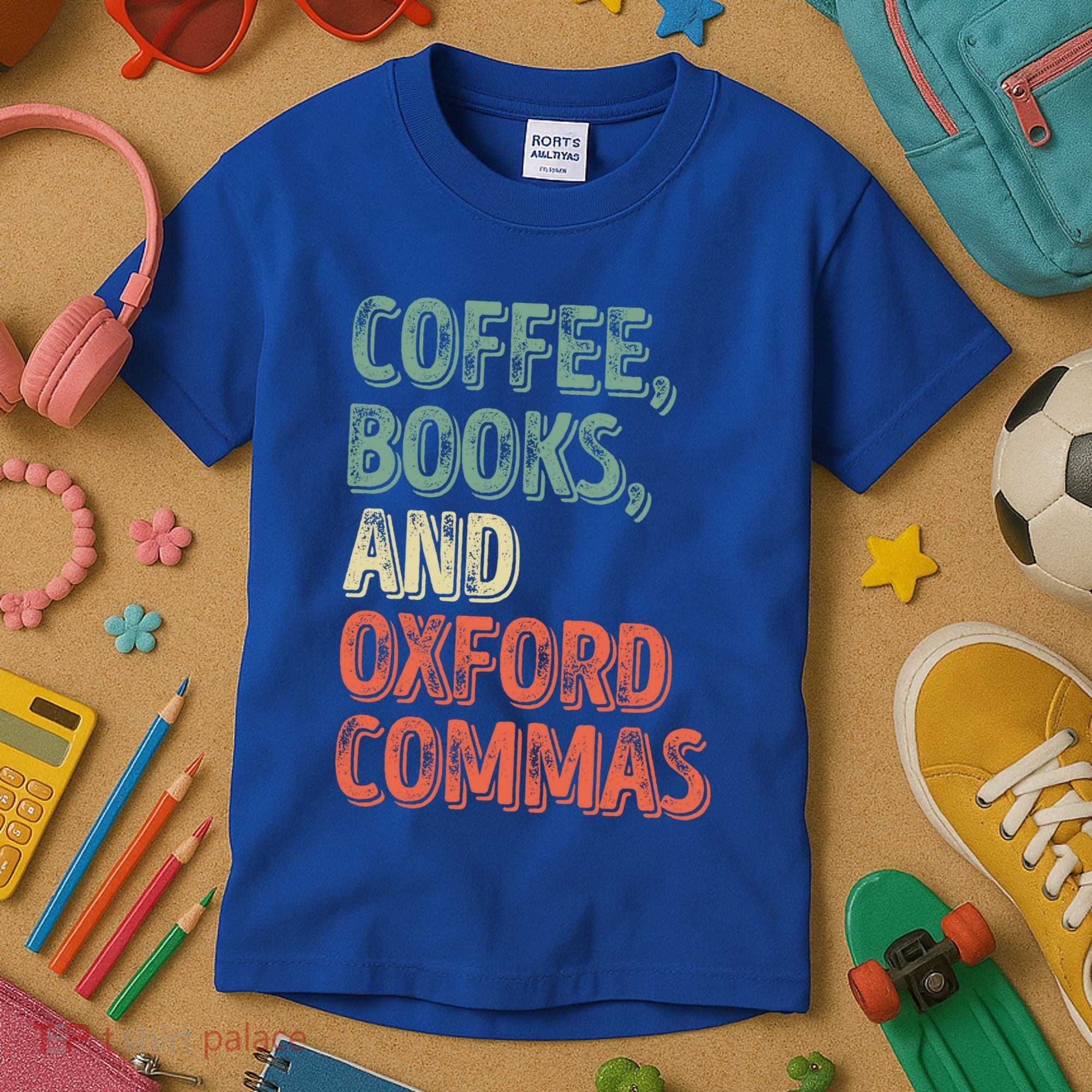 Reading Lover Reader Gift Coffee Books And Oxford Commas Cool Gift Kids T-Shirt
