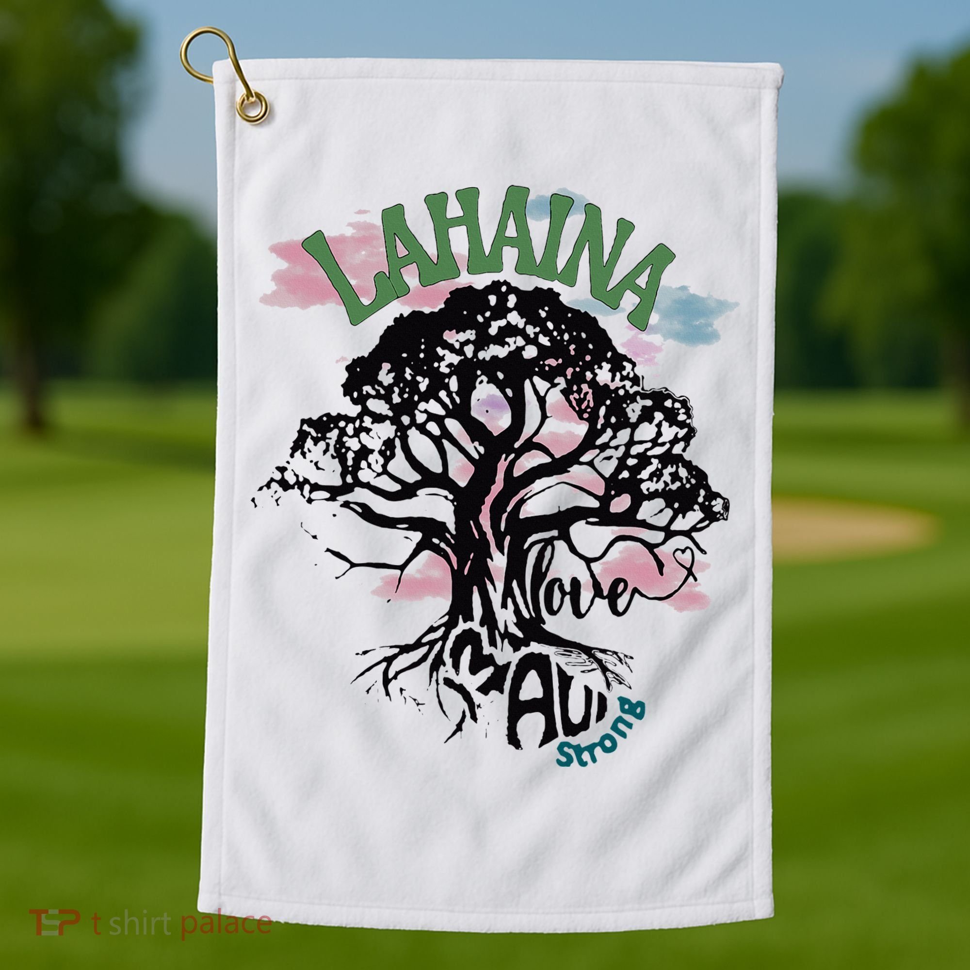 Retro Lahaina Strong Love Maui Support Hawaii Trees Golf Towel