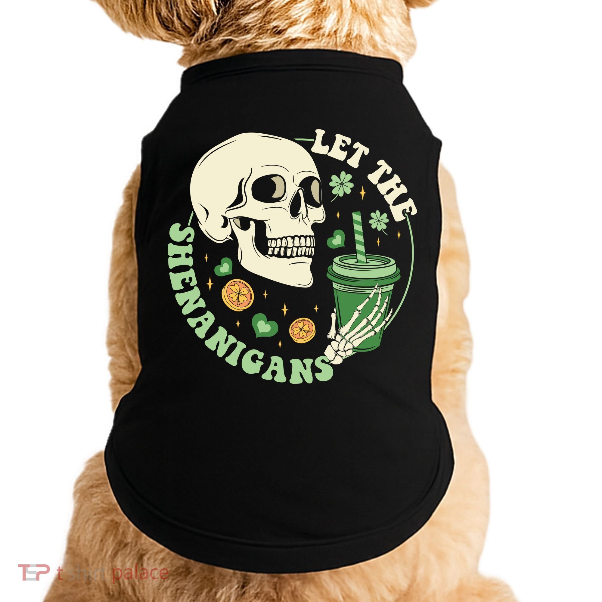 Retro Let The Shenanigans Skull Drinking Coffee St Patrick Day Doggie Tank