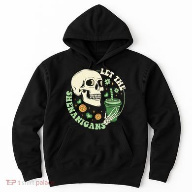 Retro Let The Shenanigans Skull Drinking Coffee St Patrick Day Hoodie