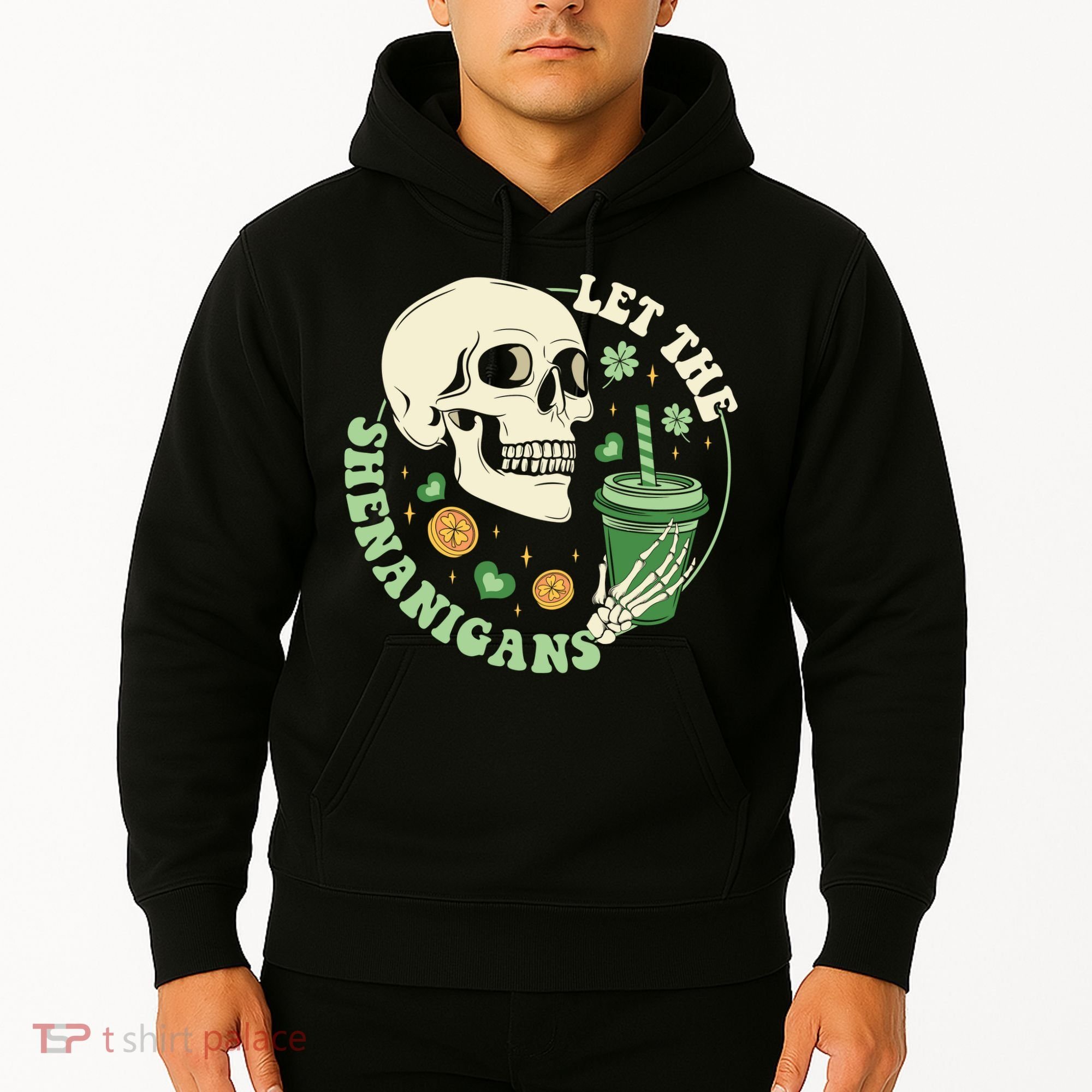 Retro Let The Shenanigans Skull Drinking Coffee St Patrick Day Hoodie