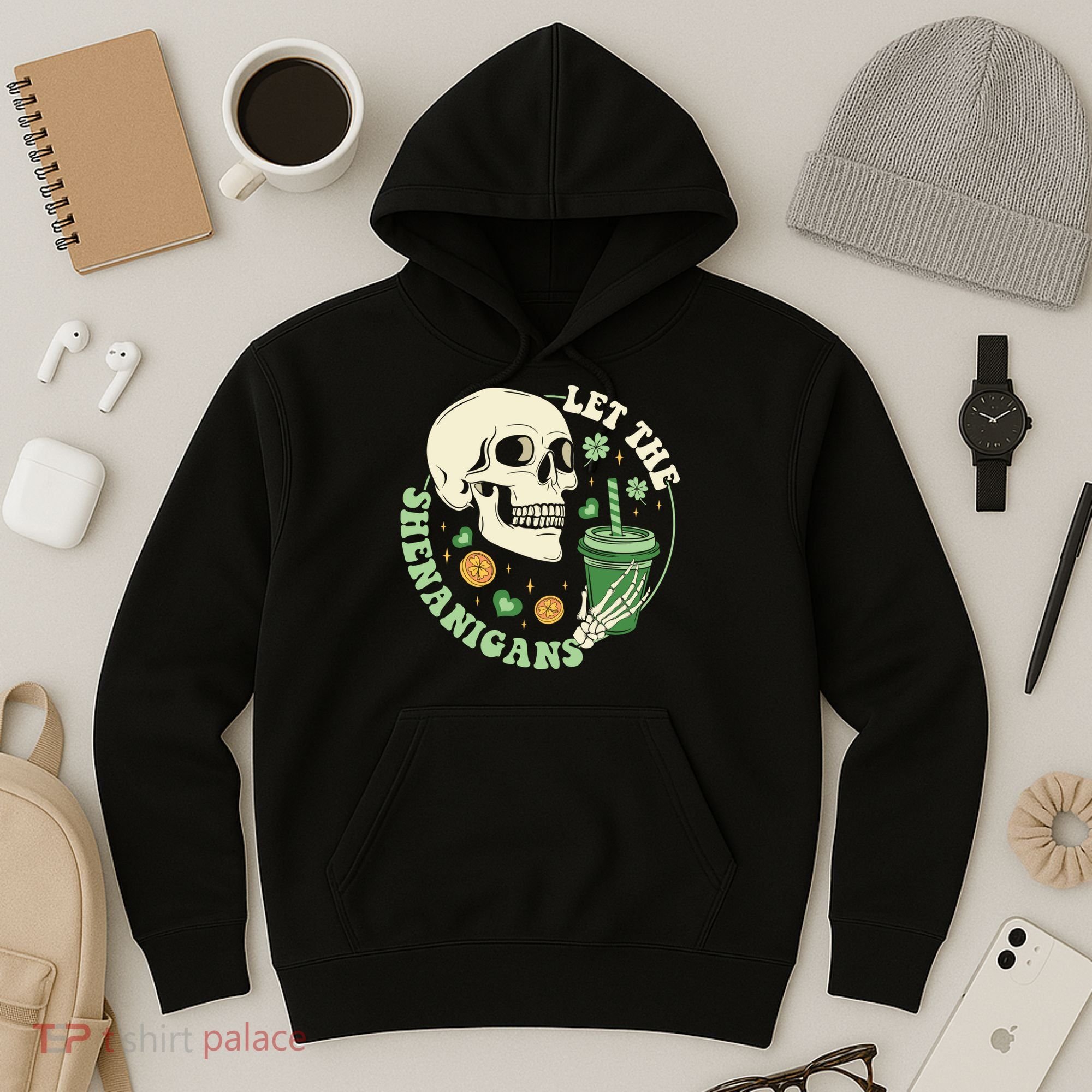 Retro Let The Shenanigans Skull Drinking Coffee St Patrick Day Hoodie