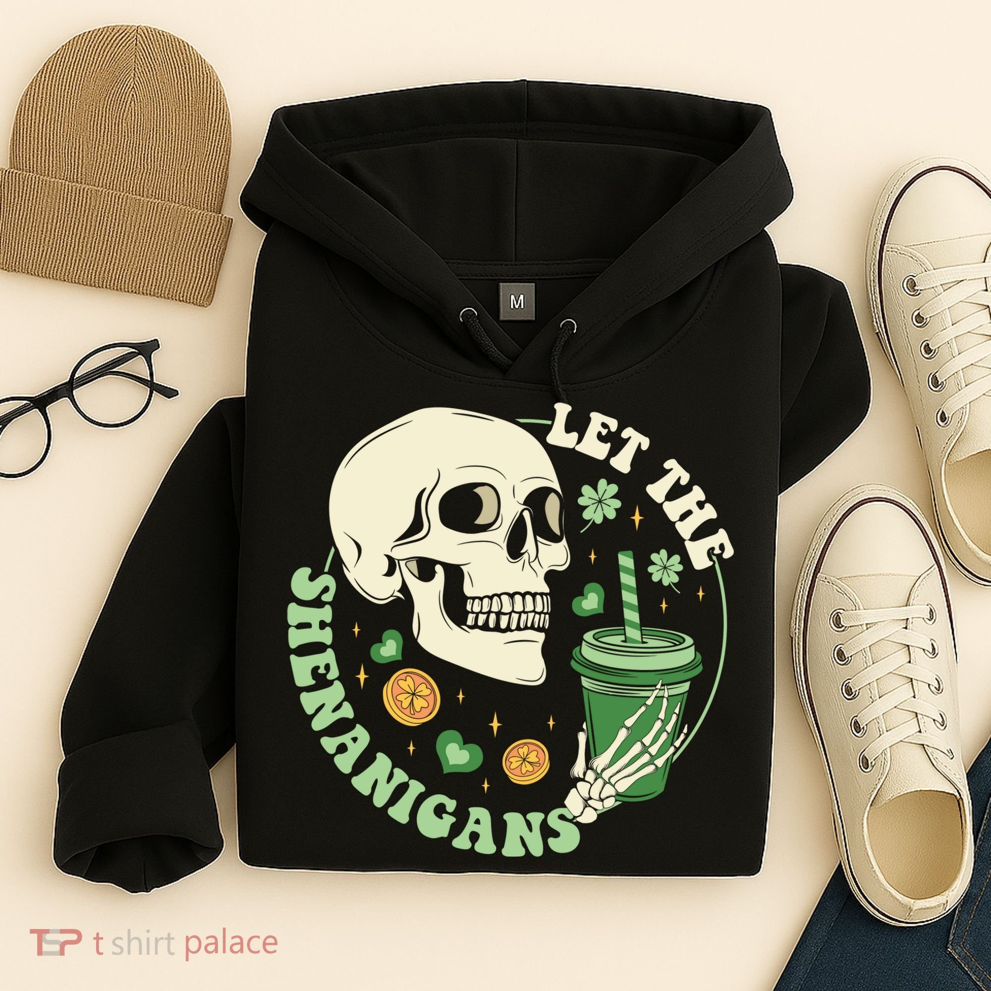 Retro Let The Shenanigans Skull Drinking Coffee St Patrick Day Hoodie