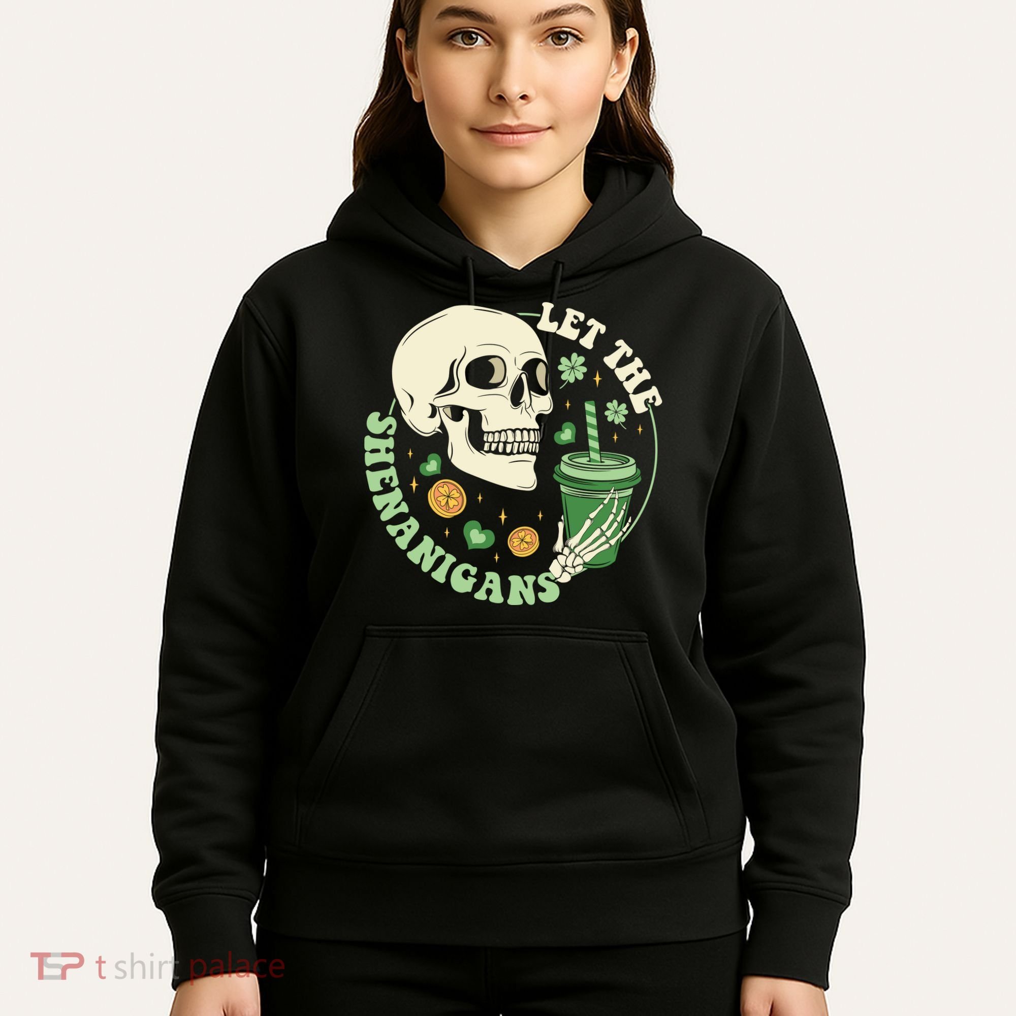 Retro Let The Shenanigans Skull Drinking Coffee St Patrick Day Hoodie