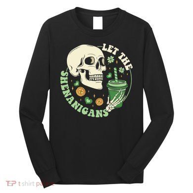 Retro Let The Shenanigans Skull Drinking Coffee St Patrick Day Long Sleeve Shirt