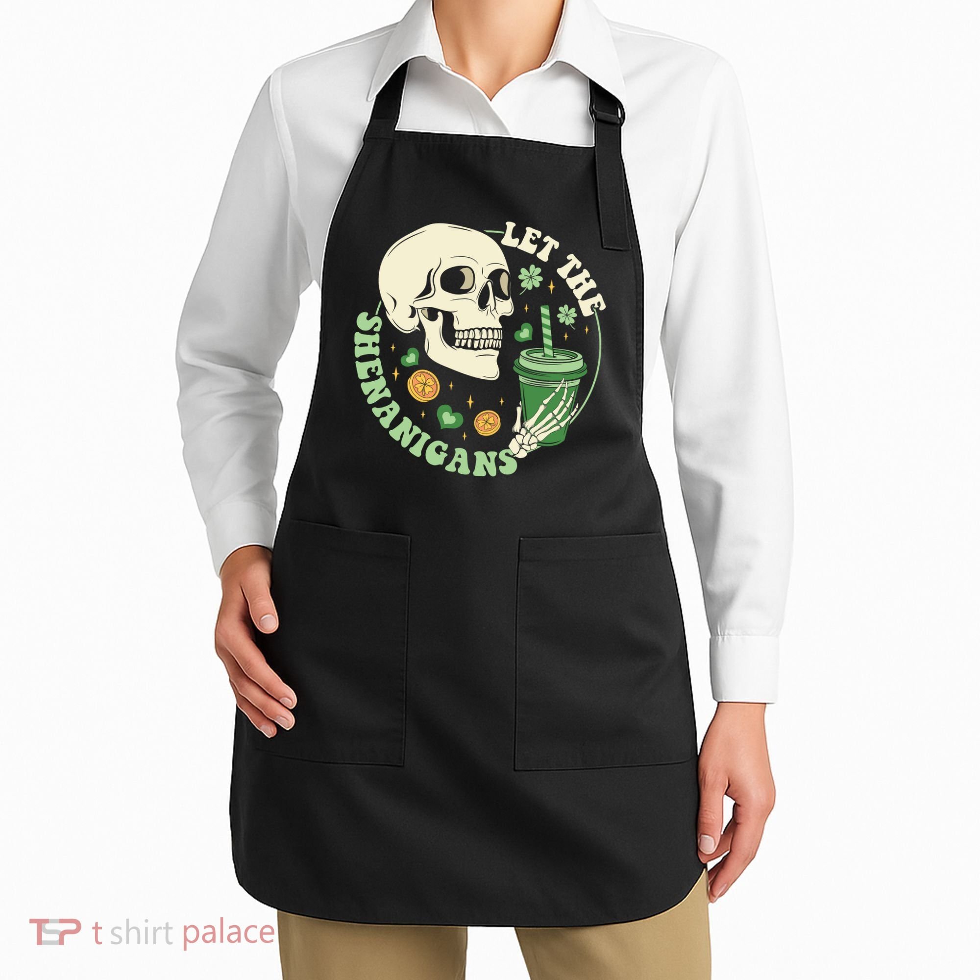 Retro Let The Shenanigans Skull Drinking Coffee St Patrick Day Apron