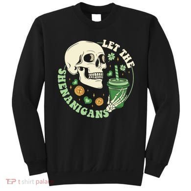 Retro Let The Shenanigans Skull Drinking Coffee St Patrick Day Sweatshirt