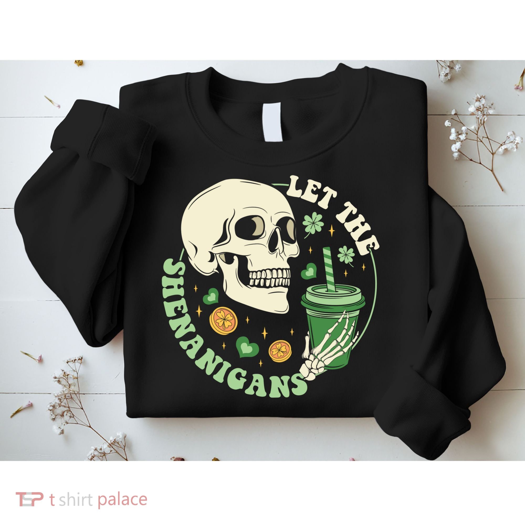 Retro Let The Shenanigans Skull Drinking Coffee St Patrick Day Sweatshirt