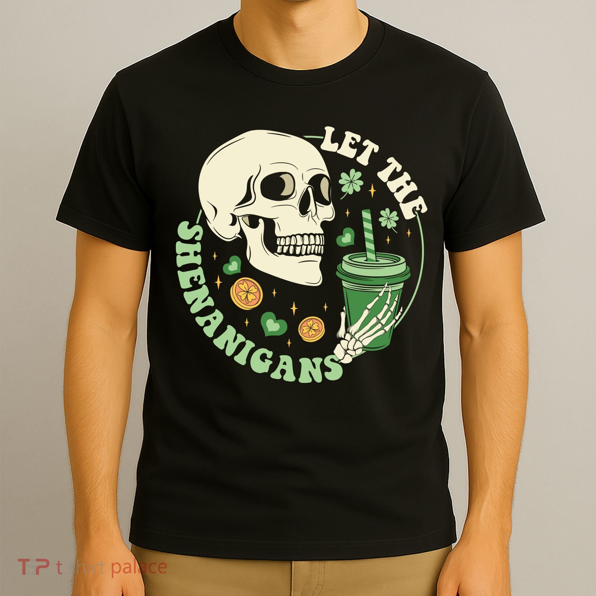 Retro Let The Shenanigans Skull Drinking Coffee St Patrick Day T-Shirt