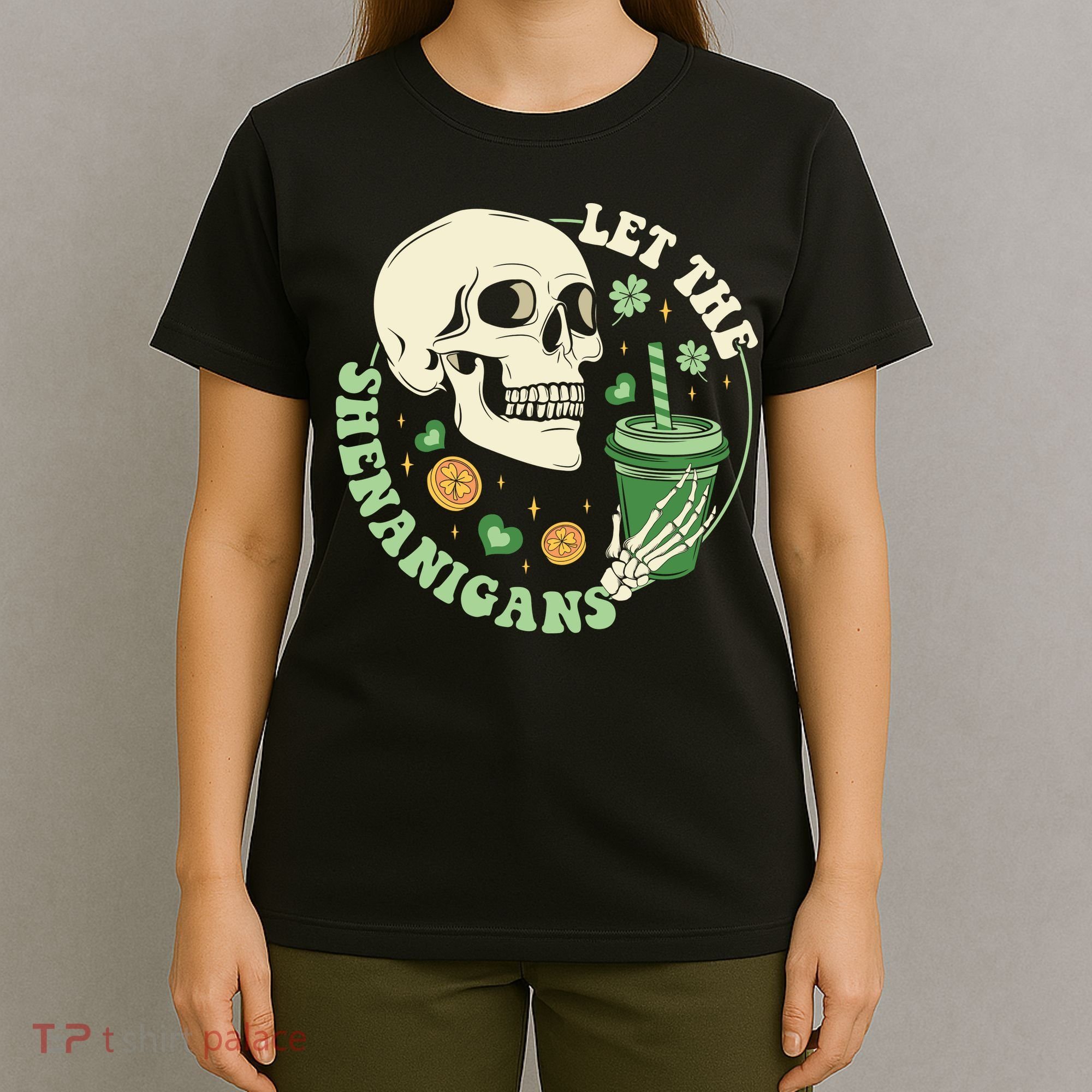 Retro Let The Shenanigans Skull Drinking Coffee St Patrick Day T-Shirt