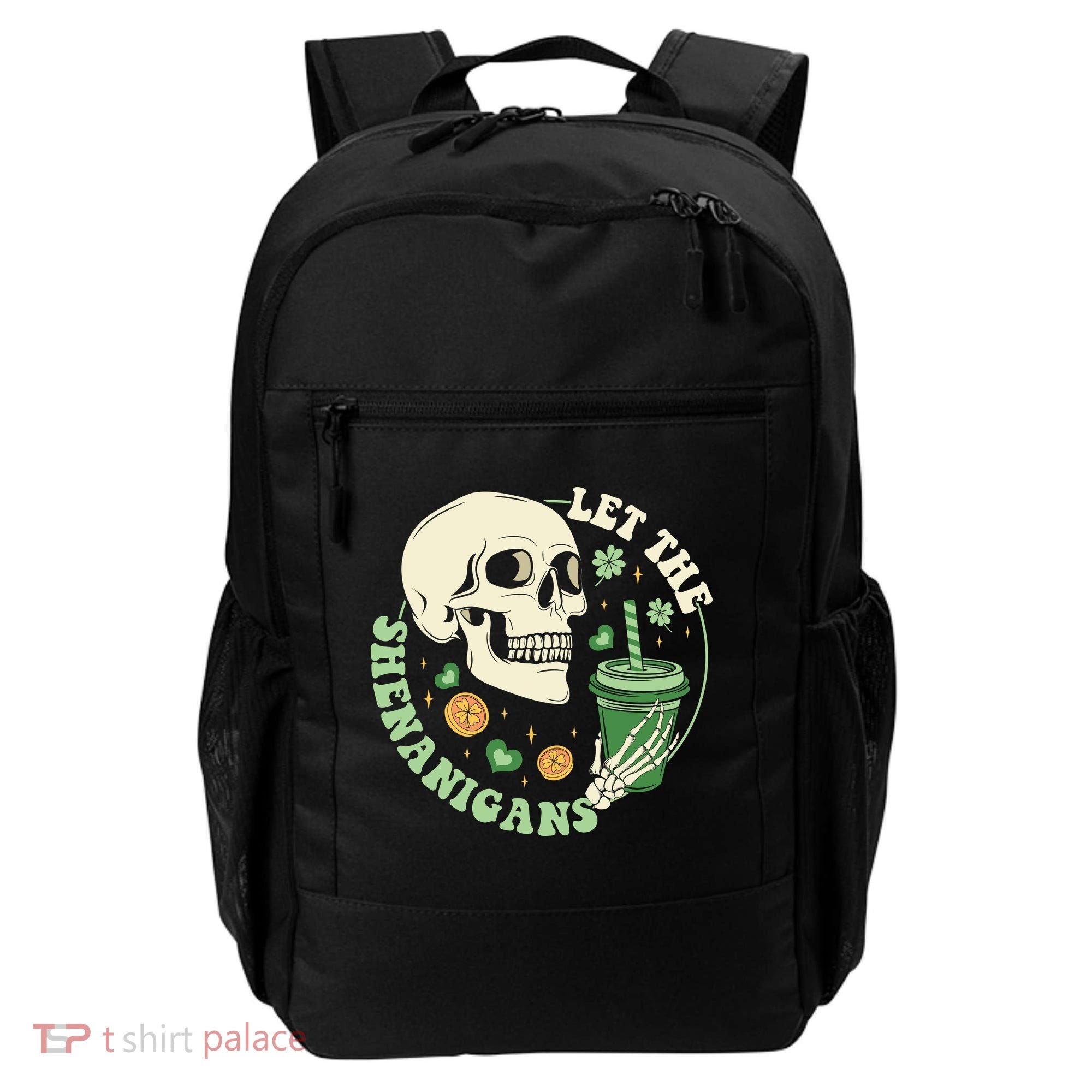 Retro Let The Shenanigans Skull Drinking Coffee St Patrick Day Backpack