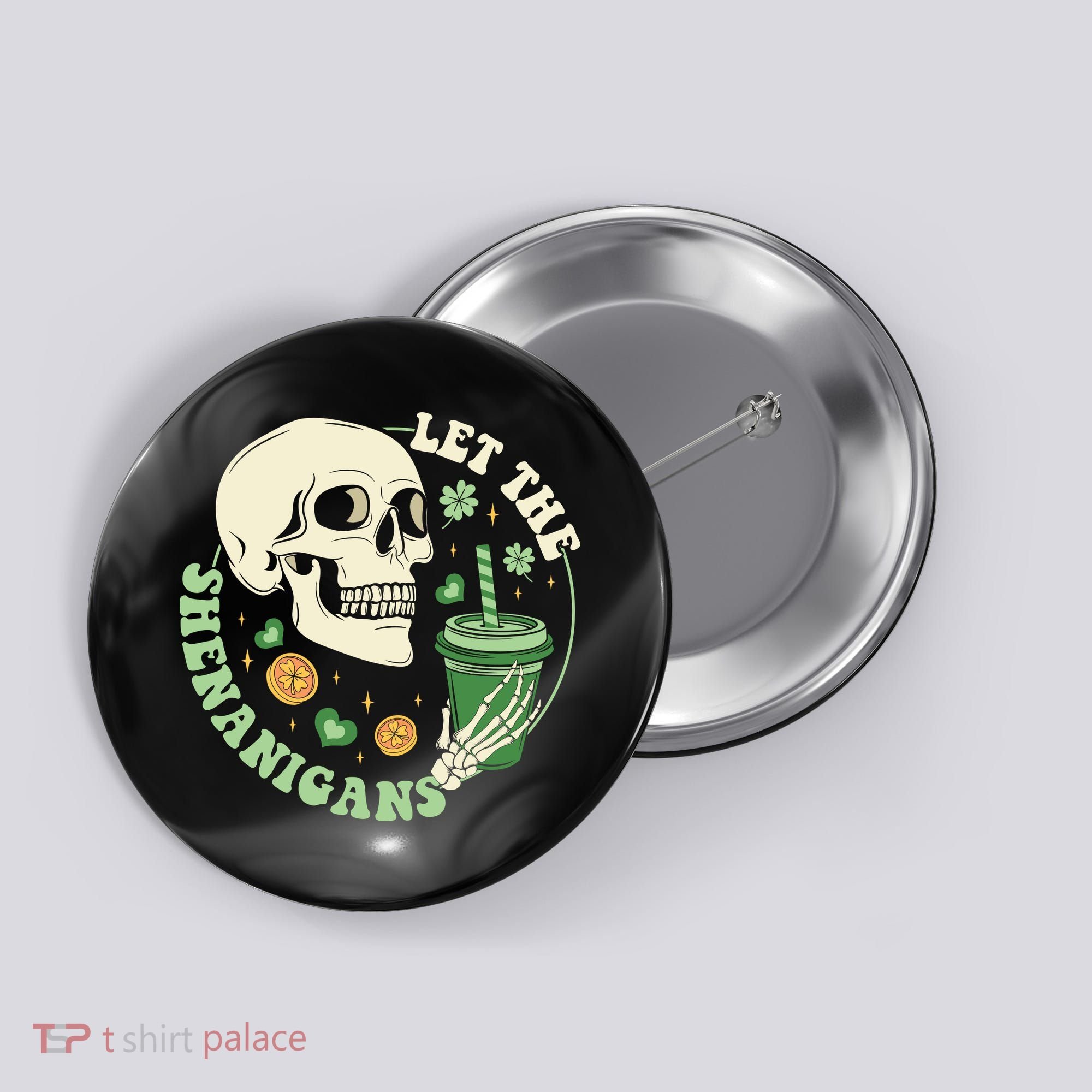 Retro Let The Shenanigans Skull Drinking Coffee St Patrick Day Button