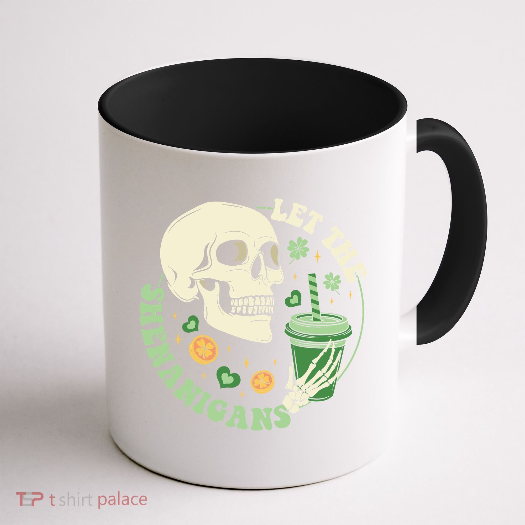Retro Let The Shenanigans Skull Drinking Coffee St Patrick Day Coffee Mug