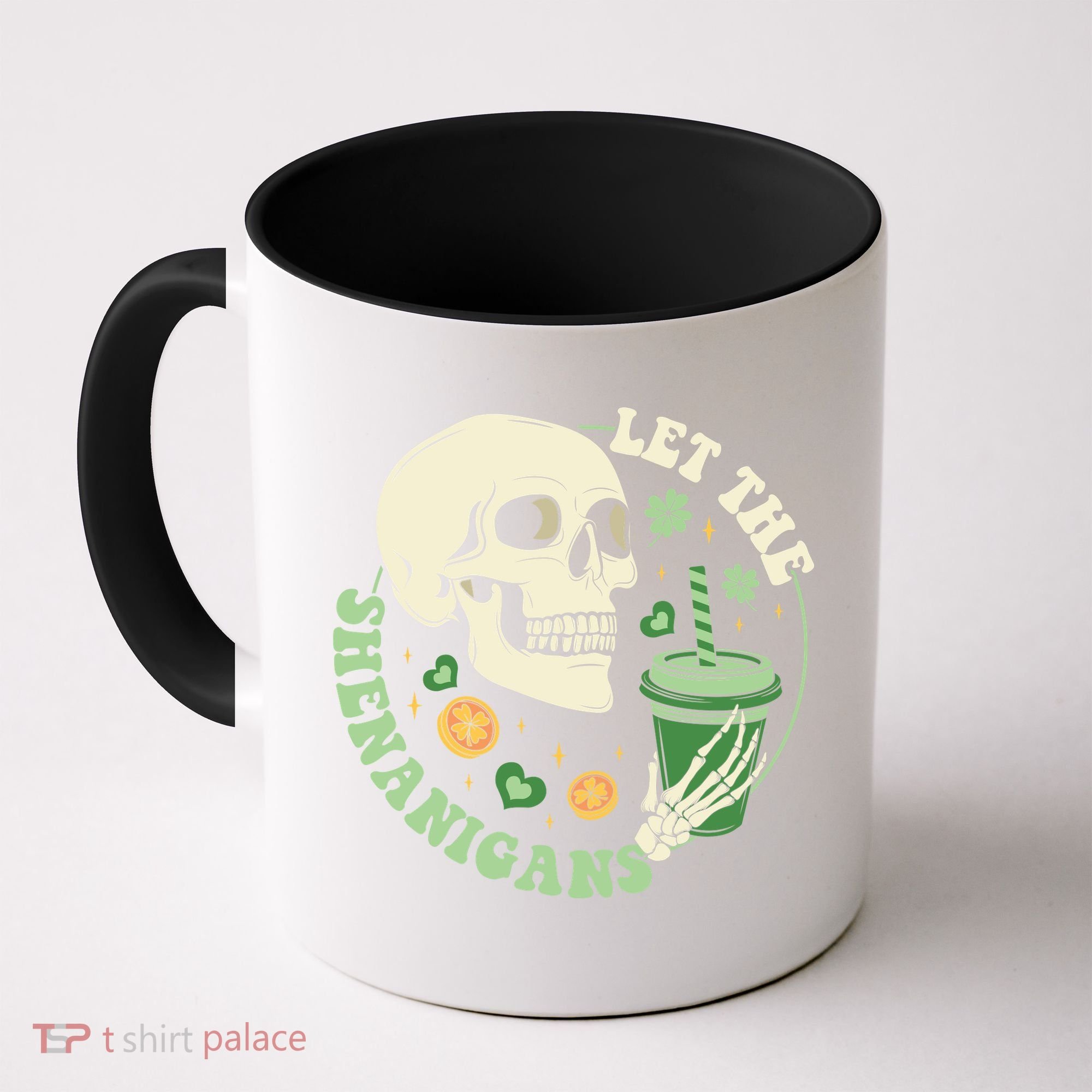 Retro Let The Shenanigans Skull Drinking Coffee St Patrick Day Coffee Mug